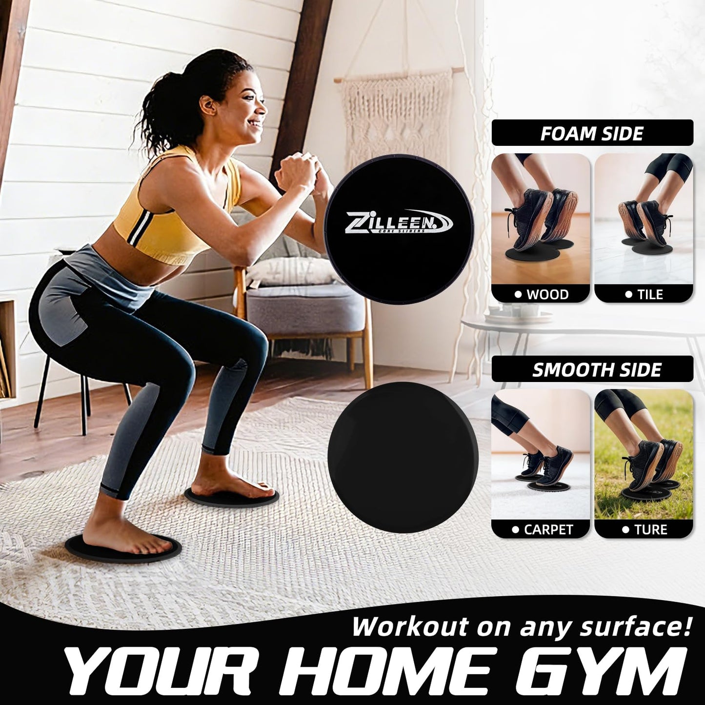 ZILLEEN Exercise Sliders for Working Out Black Fitness Discs for Pilates Women Men, 2 Pack