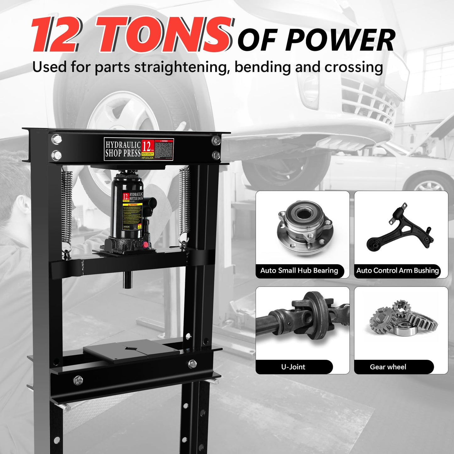 Hydraulic Shop Press,12 Ton H-Frame Garage Floor Adjustable Shop Bearing Press with Stamping Plates to Bend, Straighten, Or Press Parts, Install Bearings & U-Joints
