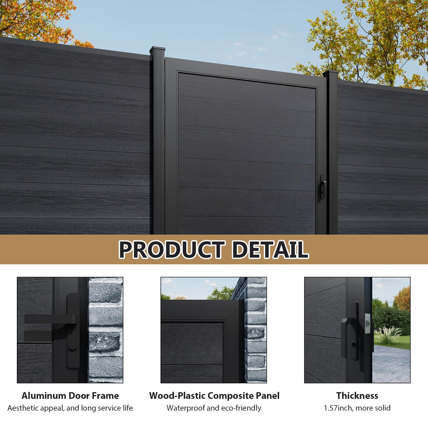 Treslam Wood Plastic Privacy Fence Gate 6ft(H) x 3ft(W), Metal Frame with Knob Kits, Durable Composite Outdoor Gate,Black