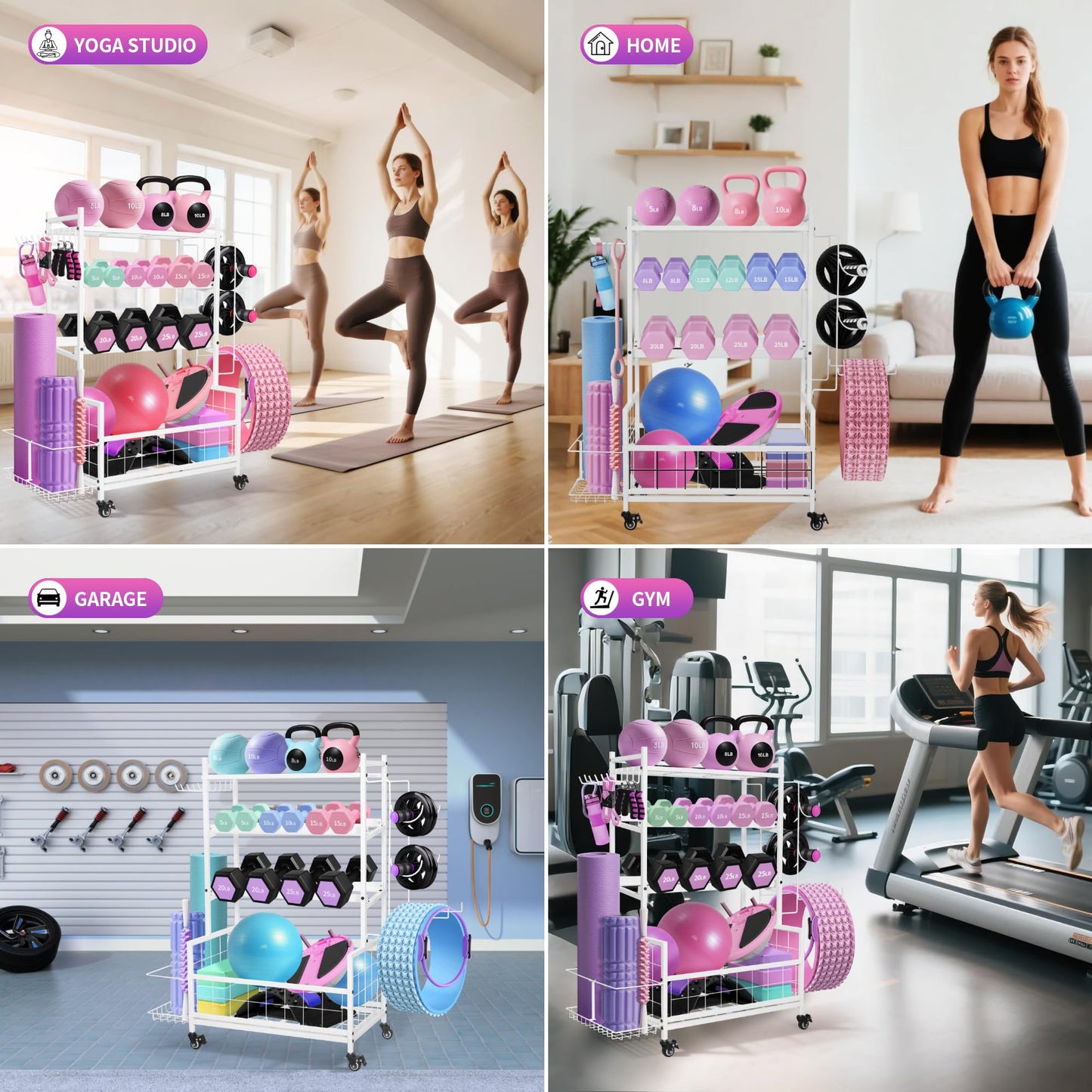 Rumizira Dumbbell Rack, Weight Rack for Home Gym Dumbbells, Adjustable Barbell Rack for Kettlebells Yoga Mat & Balls, Sports Equipment Organizer Storage Rack with Wheels for All in One Workout,White