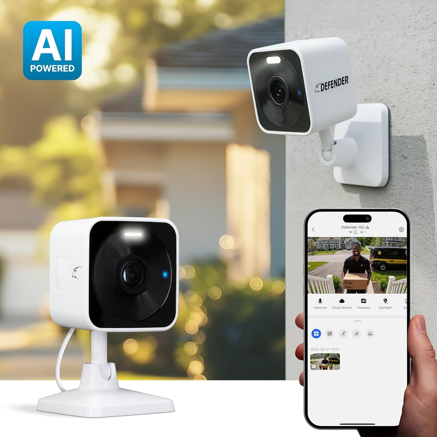 Defender 2K 2-Way GO AI Powered WiFi Indoor/Outdoor Home, Business, Pet, Baby Security Camera, AI Detection, Dual Band
