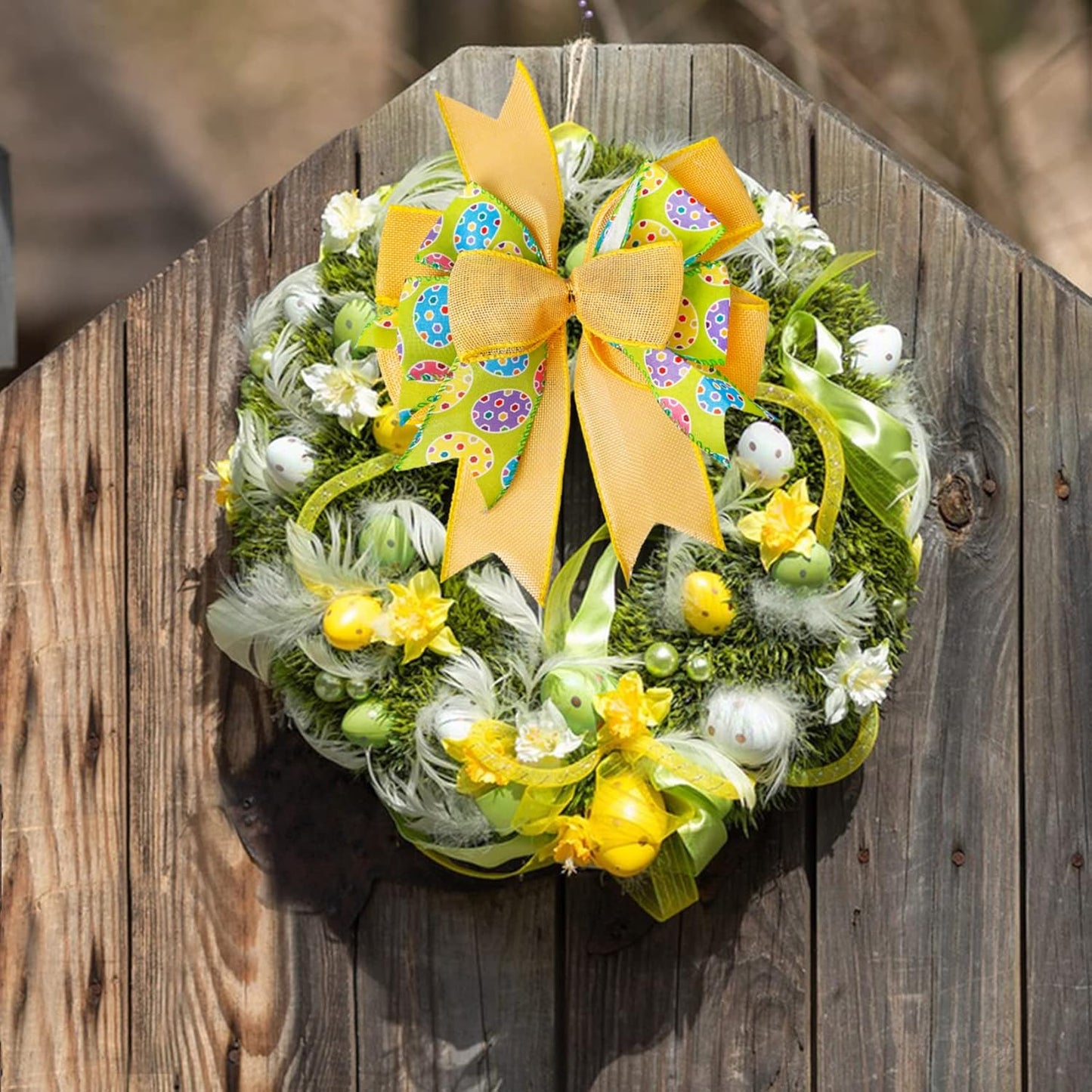 SIMISI Ribbon Easter Wreath Bow - Yellow Egg Door Wall Ornament for Home Decor | 9.5 x 13 Inch