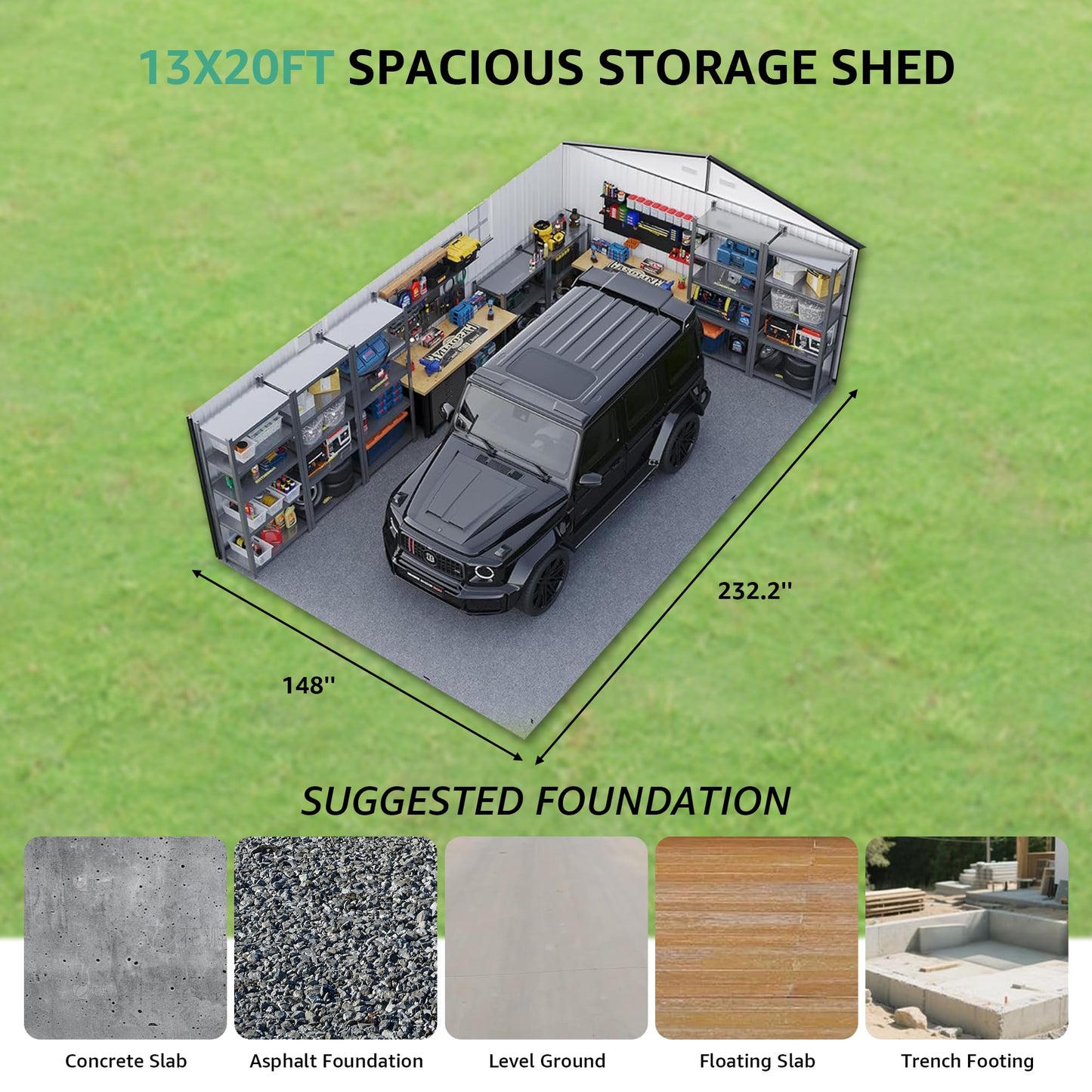 KEIKI 13x20FT Garage Shed, Large Metal Outdoor Storage Shed with 2 Windows & 2 Translucent Panels for Car, Truck, Bike, Lawnmower, Backyard Tool