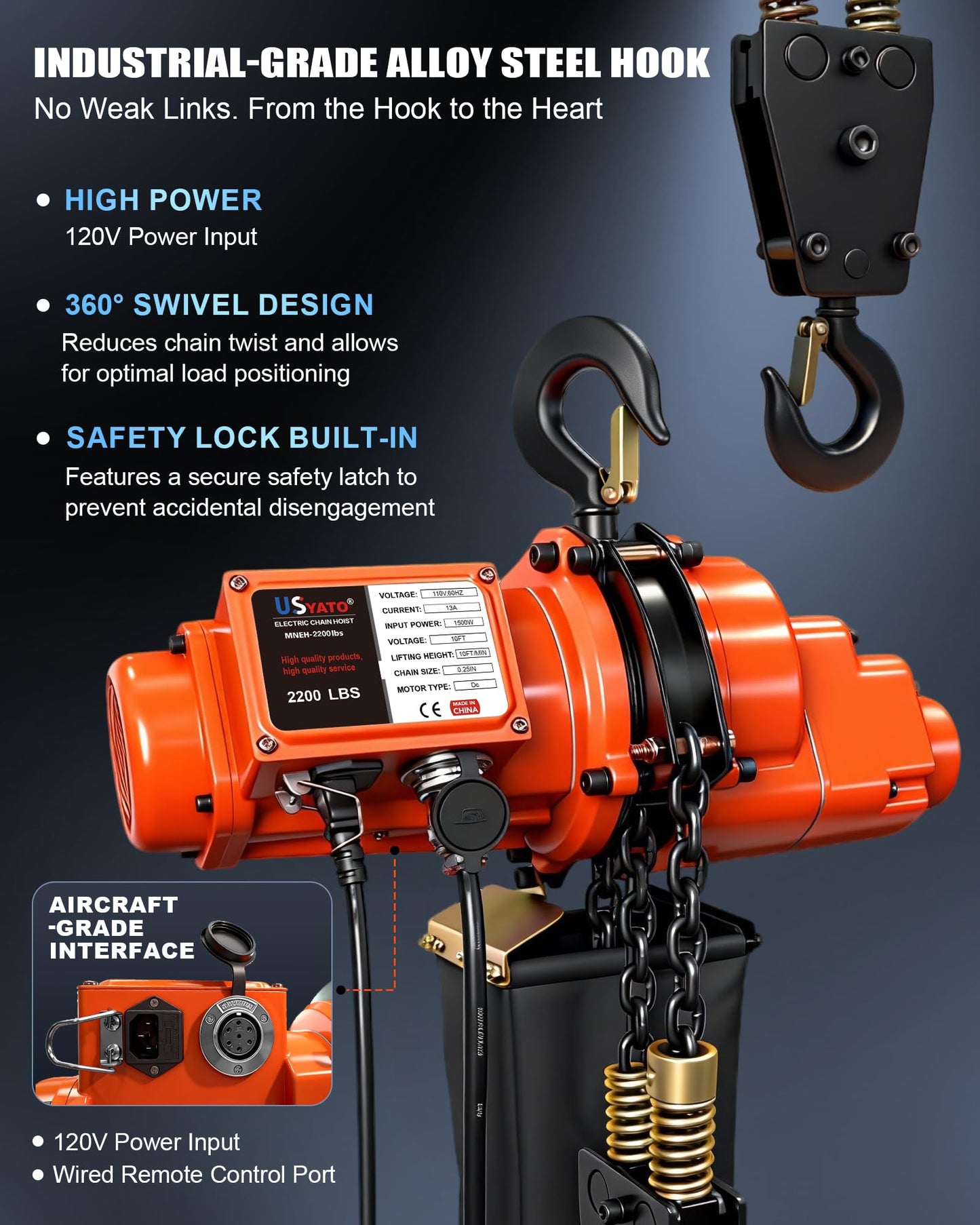 USYATO Electric Chian Hoist, 2200 lbs Material Handling Tool, Electric Hoist with 20 ft Wired Remote Control, 120V Single Phase Overhead Crane with Chain for Warehouses, Factories, Attic