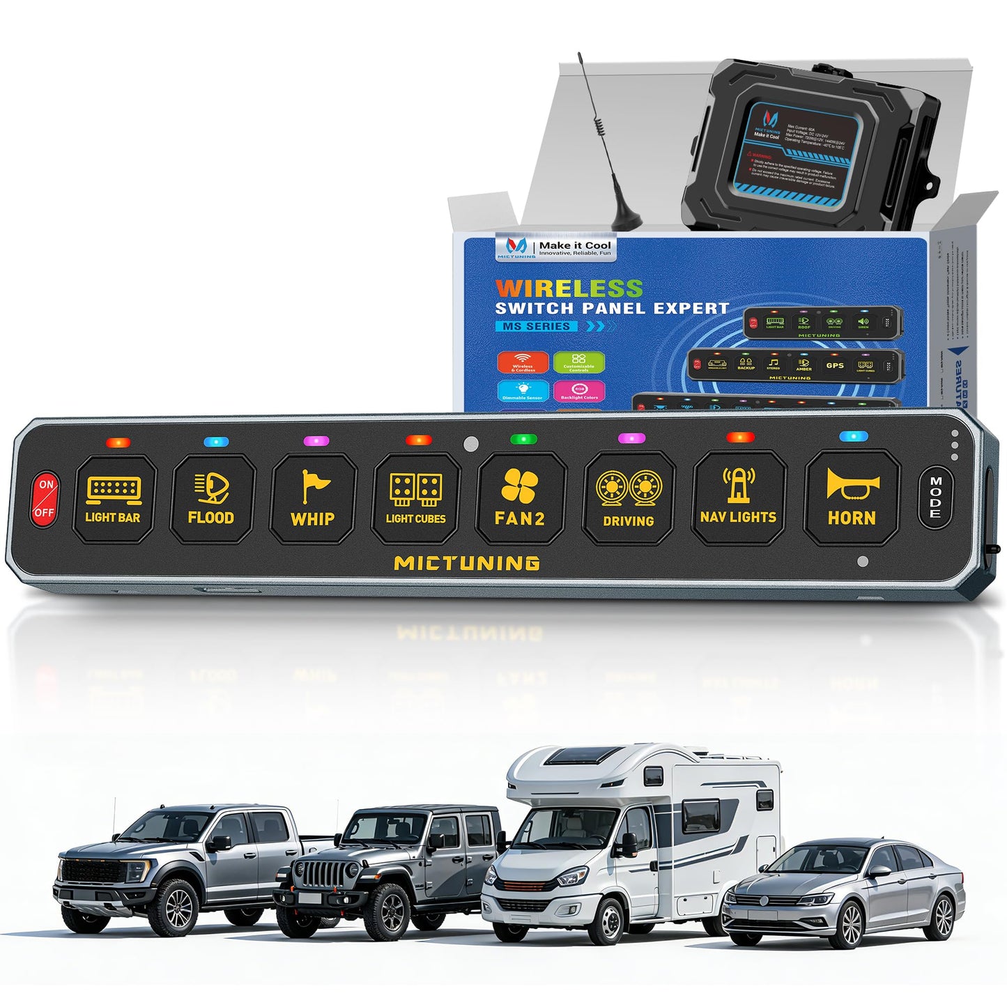 MICTUNING MS-W 8 Gang Wireless Switch Panel Slim Design,208FT Range RGB Auto-dimming Backlit, Rechargeable Multifunction Toggle Momentary Flash Strobe Circuit Control Relay Box for Off Road Truck
