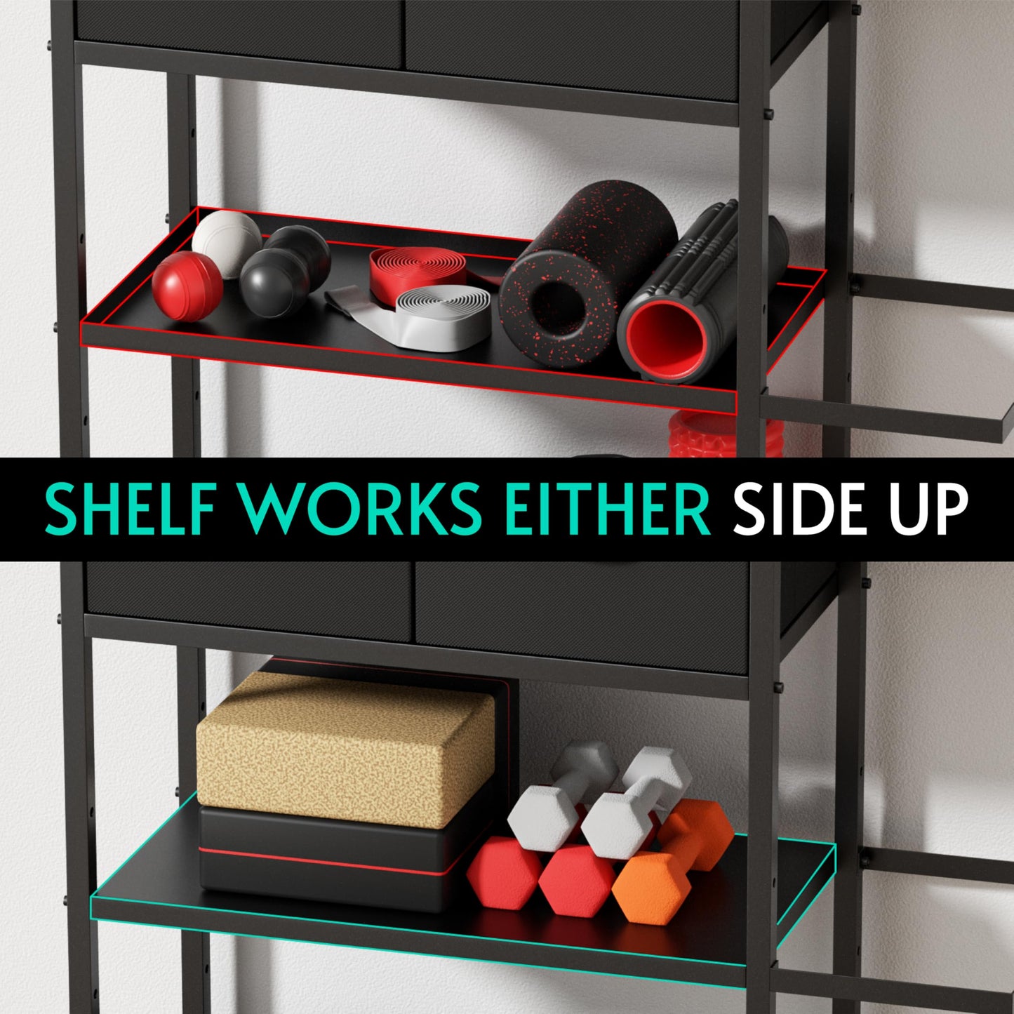 Crostice Home Gym Storage Shelf Stand Only, Adjustable Weight Rack for Dumbbells Plus Extra Upper Drawer, for Weight, Mat and Workout Equipment, Large Capacity Gym Organizer with 4-Tier, Easy-assembly