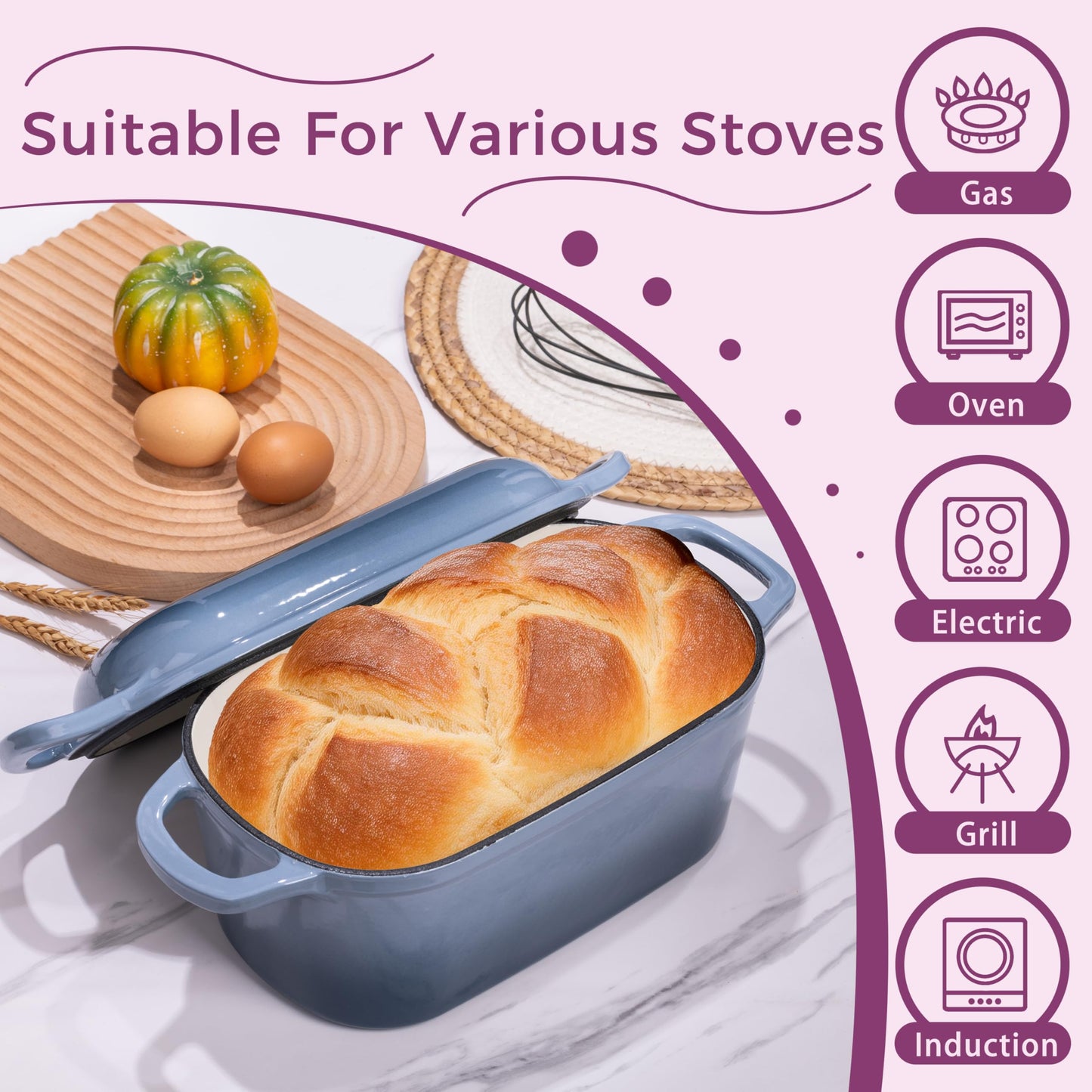 Vanderlume 4.6-Quart Oval Dutch Oven for Bread Baking, 2 in 1 Enameled Cast Iron Bread Pan with Lid, Sourdough Bread Dutch Oven for a Crispy Crust, Seasalt