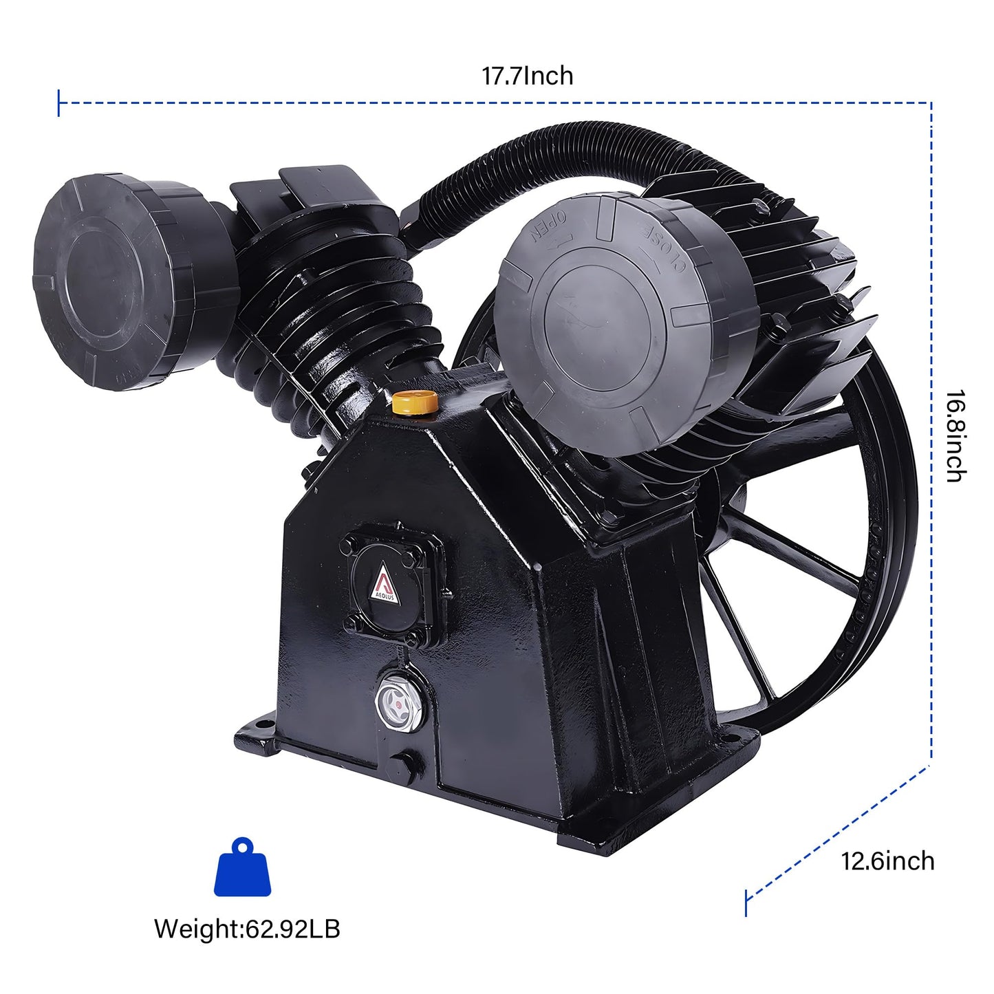 Cast Iron Twin Cylinder Air Compressor Pump Replacement, 145PSI 4HP, 8Bar