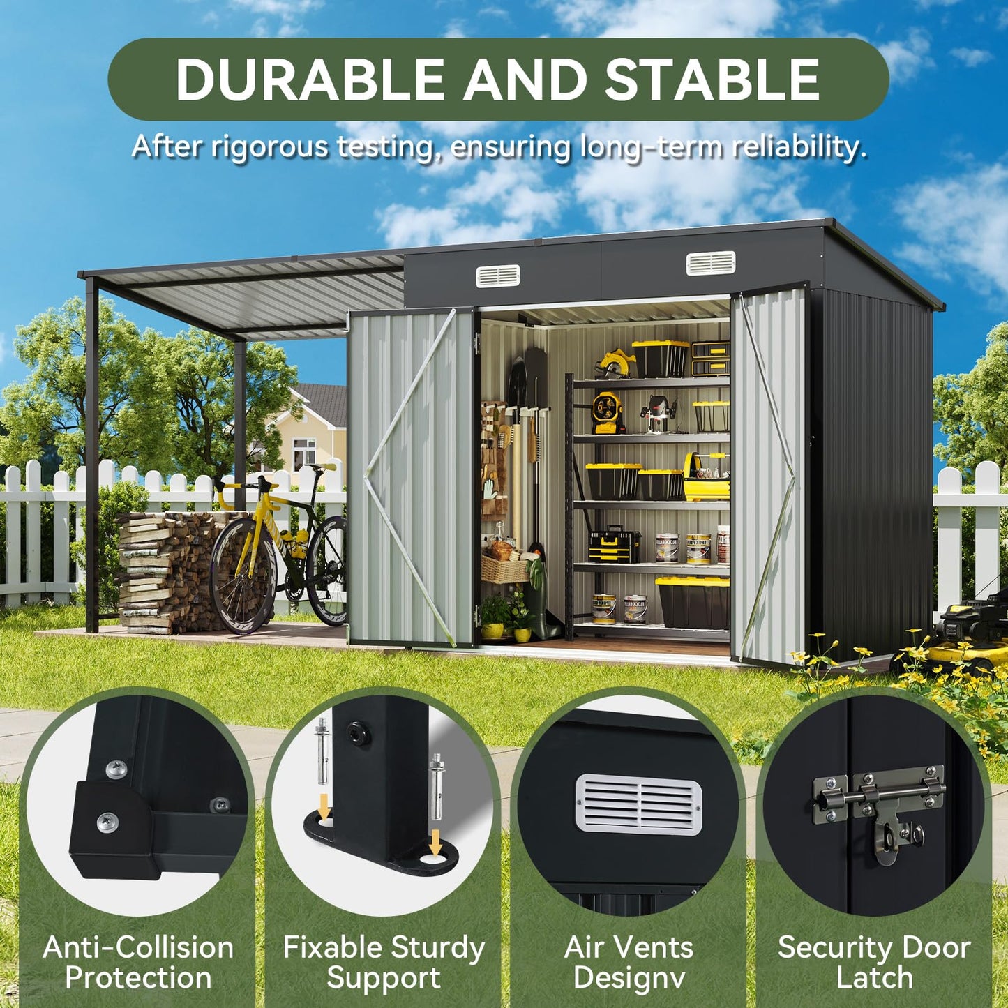 Aoxun 6x4FT Outdoor Storage Shed & Hardtop Gazebo Combo, 12x4FT Metal Lean to Shed with Open-Sided Pergola, 2-in-1 Durable Garden Tool Shed for Patio, Backyard, Deck