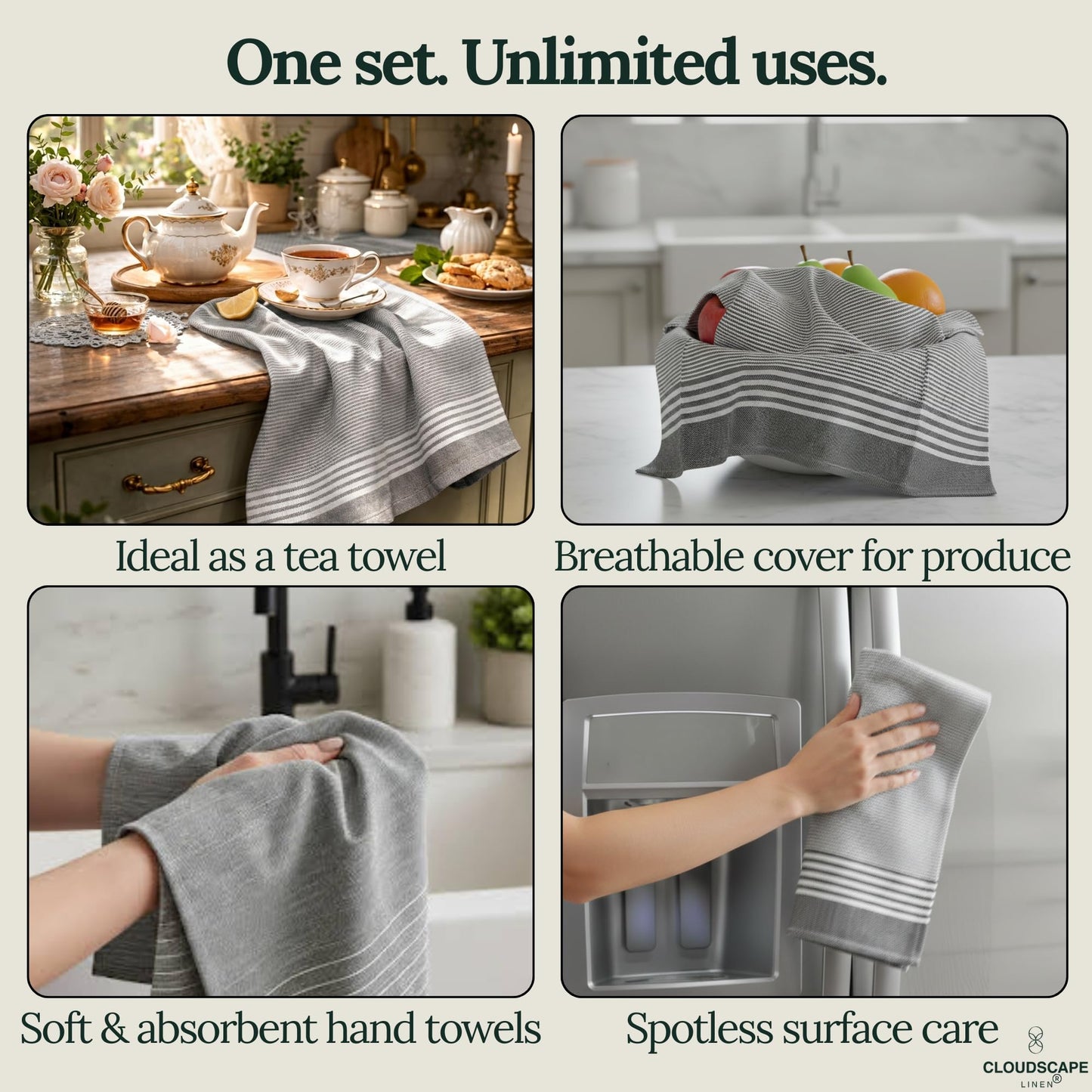 CLOUDSCAPE Kitchen Towels, Set of 6, Premium Cotton Dish Towels for Kitchen, 18" x 28" Oversized Hand Towel, Quick Absorbent & Drying Tea Towel with Hanging Loop - Grey