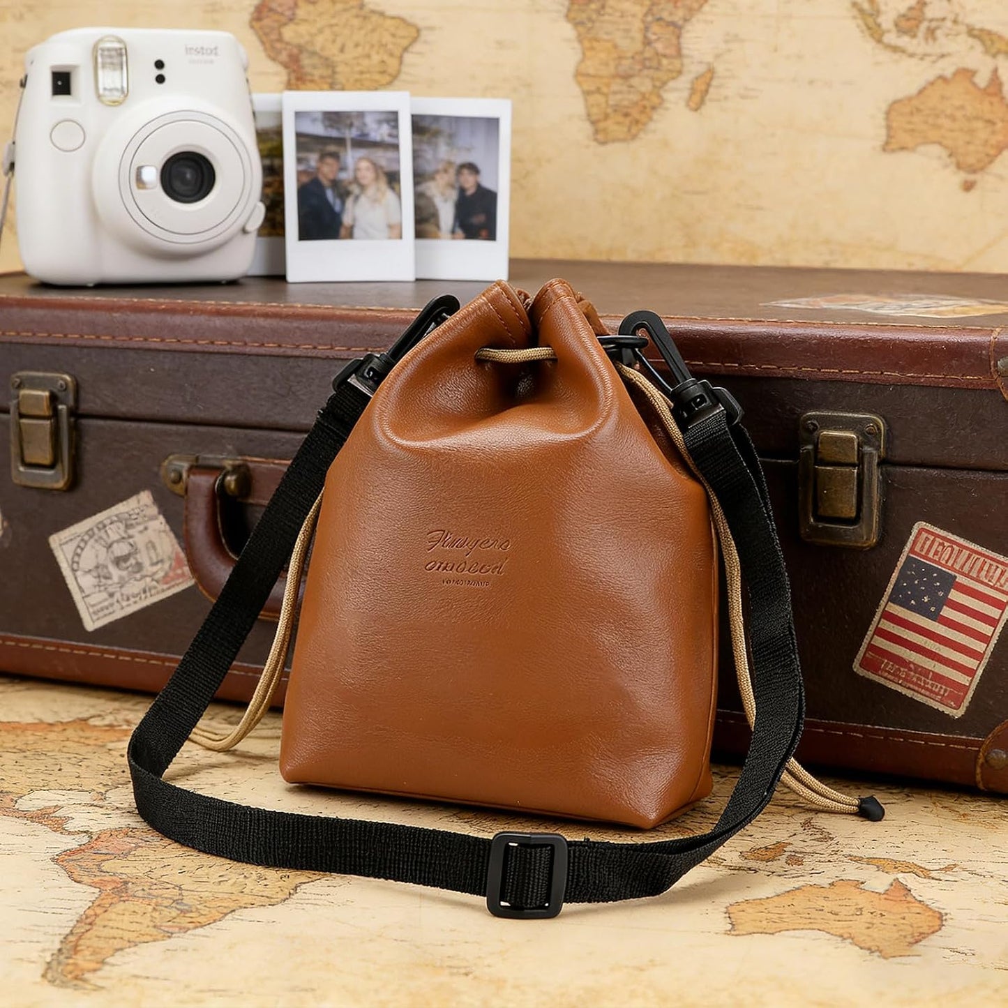 Gabrella Drawstring Camera Bag, Brown Leather Camera Bag with Protective Interior, Comfortable Travel Camera Storage