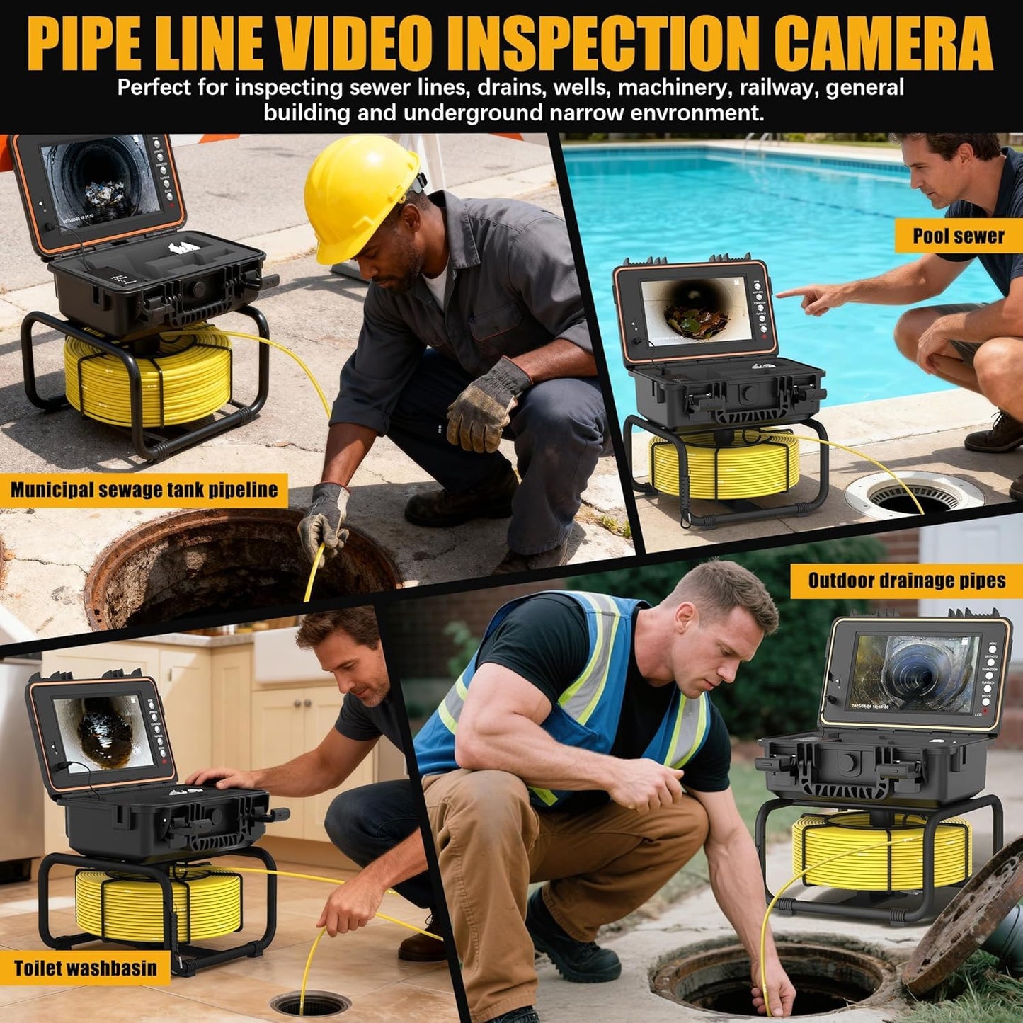 Sewer Camera, 9" HD Industrial Borescope Drain Camera with Self-Leveling, IP68 Video Endoscope Pipe Inspection Cameras, 100Ft(30M) 5MM Thicker Cable with Meter Marking, 5X Zoom, DVR, 32GB