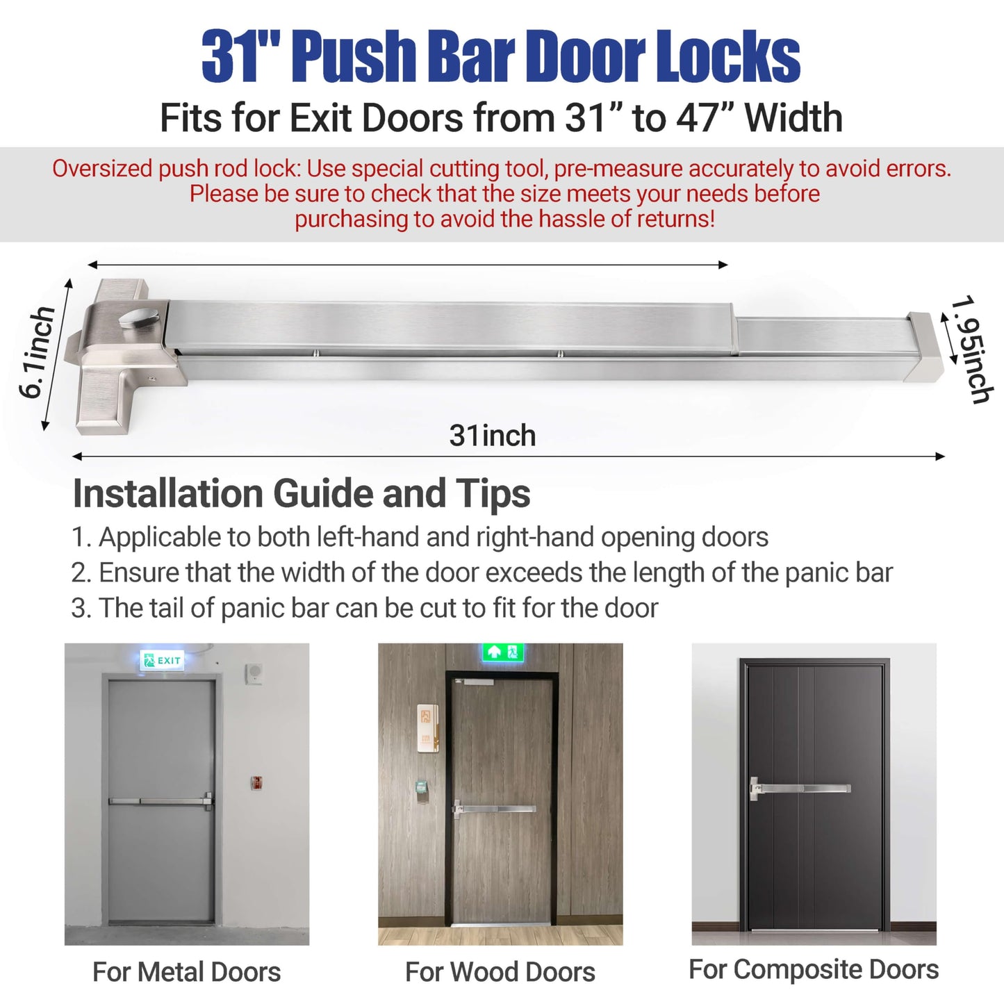 31" Commercial Push Bar Panic Exit Device (304 Stainless Steel) - Panic Bars for Exit Doors with Exterior Lever - Emergency Exit Panic Door Hardware for 31"-47" Wooden/Metal Doors