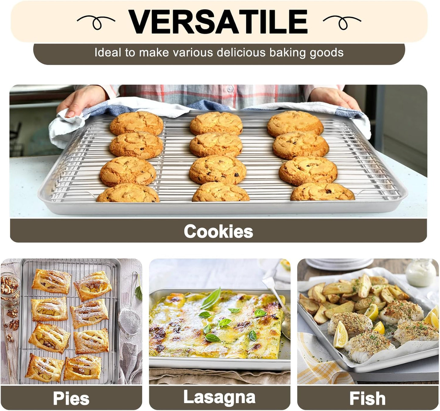 TeamFar Baking Sheet Set - 3 Stainless Steel Cookie Sheets with Racks | Non-Toxic, Heavy Duty, Dishwasher Safe, 19.6/16/12.5 Inch