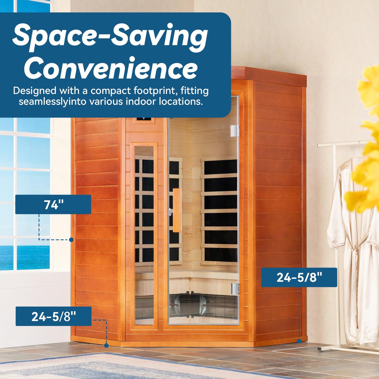 WOODBRIDGE Infrared Sauna Room 2 Person Japanese Cedar Indoor Corner Sauna with 7 Carbon Heaters, Red Light Therapy,Bluetooth Speaker,Intelligent Dual Control System,Tempered Glass,Exterior Brim Light