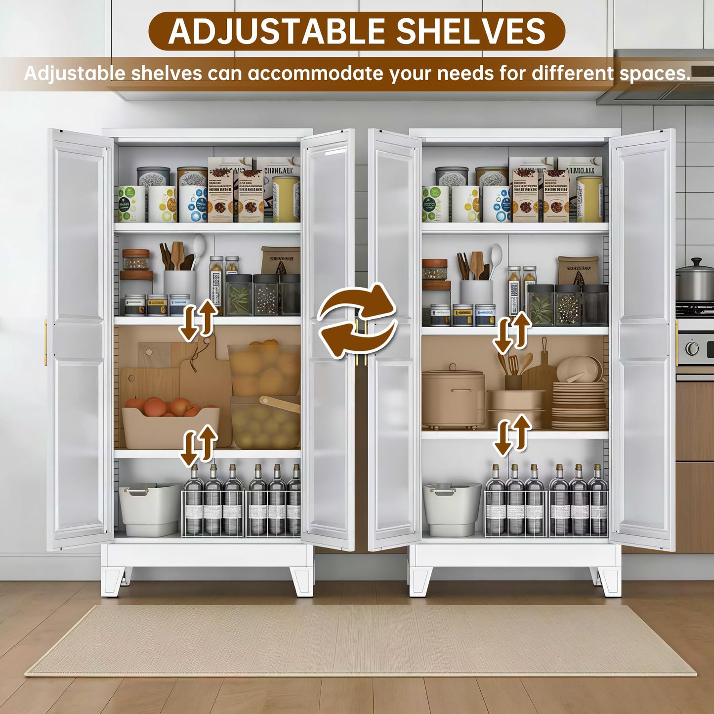 GangMei 61.4" H Metal Kitchen Pantry Cabinet with 4 Adjustable Shelf, White Pantry Cabinet with 2 Doors,Freestanding Food Cabinet for Kitchen,Home,Required Assembly