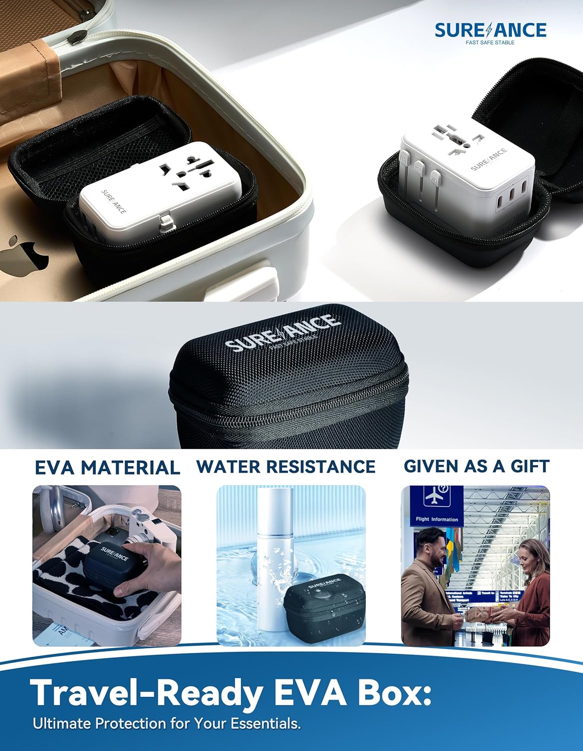 SUREANCE 70W 65W 1XUSB-C 2XUSB-A Universal Travel Adapter, Plug Adapter with One Fast Charging USB C Cable, PD & QC