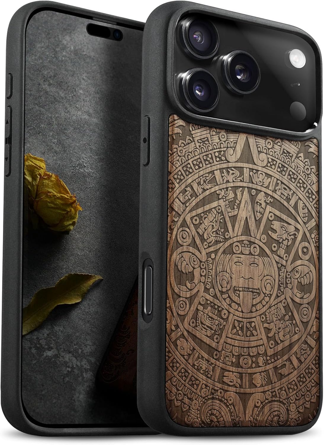 Carveit 17 Magnetic Wooden Case for iPhone Pro Max Case, Wood Artisan Engraved & Black Soft TPU Shockproof Cover