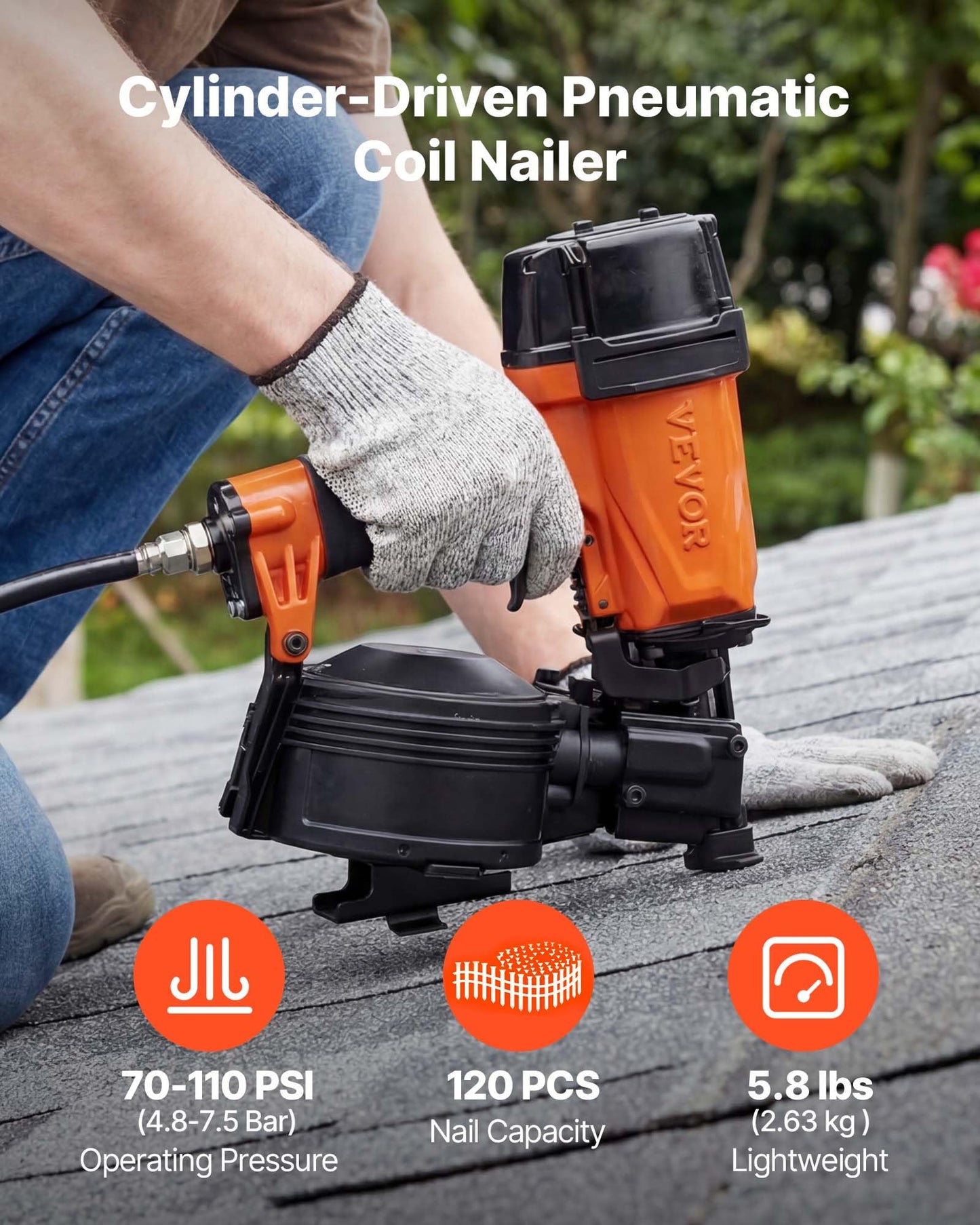 VEVOR Professional Roofing Nailer CN45N, 3/4" to 1-3/4" 15 Degree Air Roofing Nail Gun, 4–5 Nails/S Ultra-Fast Nailing, 70-110 PSI Pneumatic Coil Nailer for Asphalt Shingles, Roof Sheathing