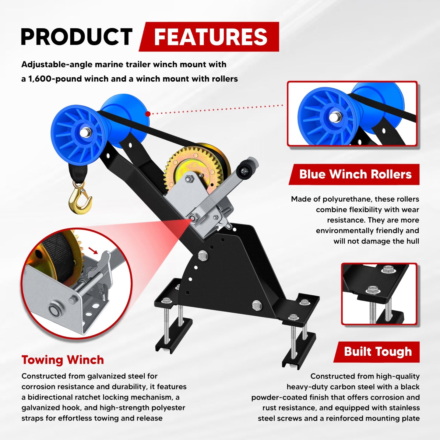 VONLX Adjustable-Angle Boat Trailer Winch Post with 1600LB Towing Winch, Winch Stand with Roller for 3" to 4" W x 4" H Trailer Tongue, Trailer Winch Stand for Speedboats, Fishing Boats & Motorboats