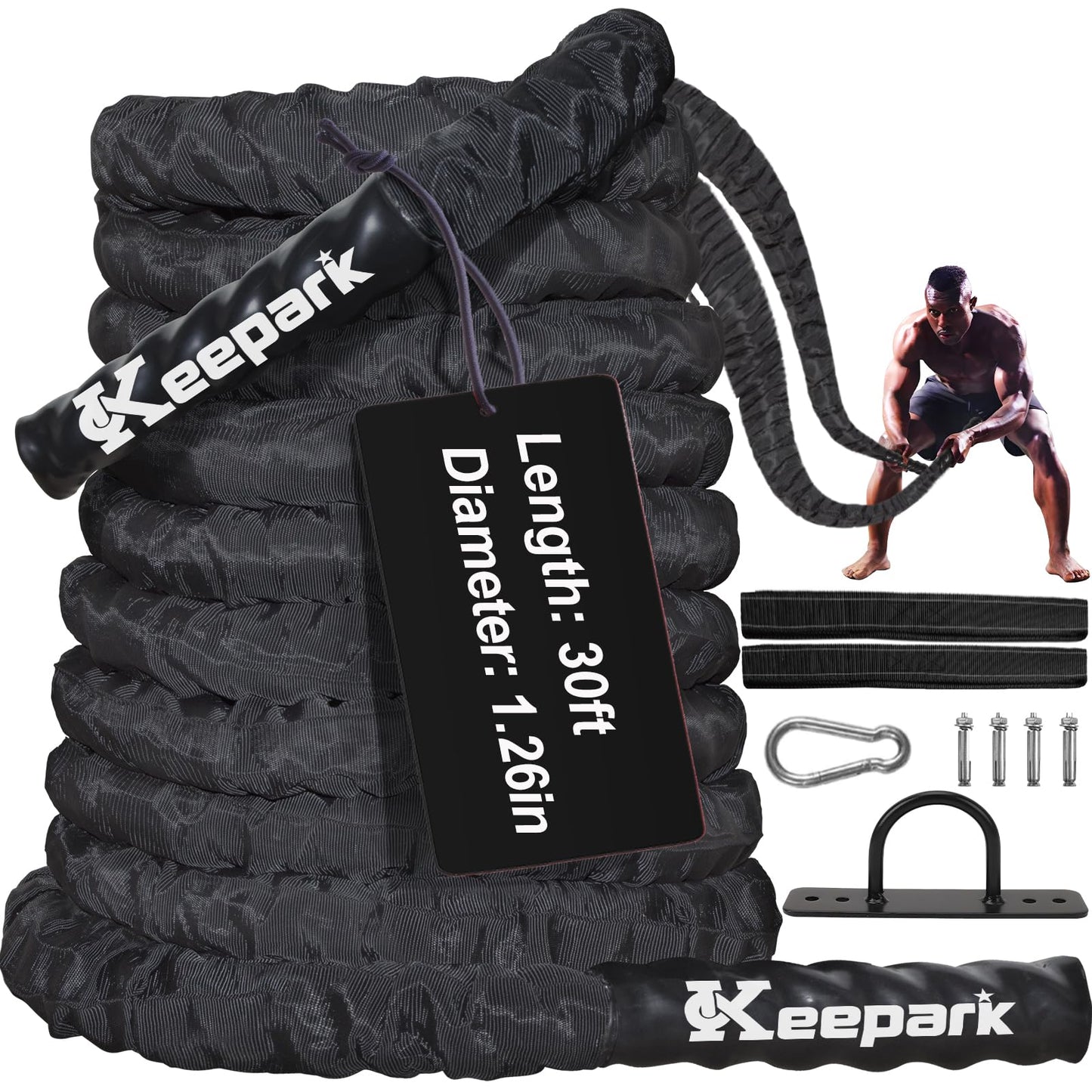 Battle Ropes for Home Gym Exercise: 1.26 Inch Diameter 30FT Length Workout Rope Exercise Rope Training Ropes with Protective Sleeve for Kids Men Women Exercise Fitness & Strength Training