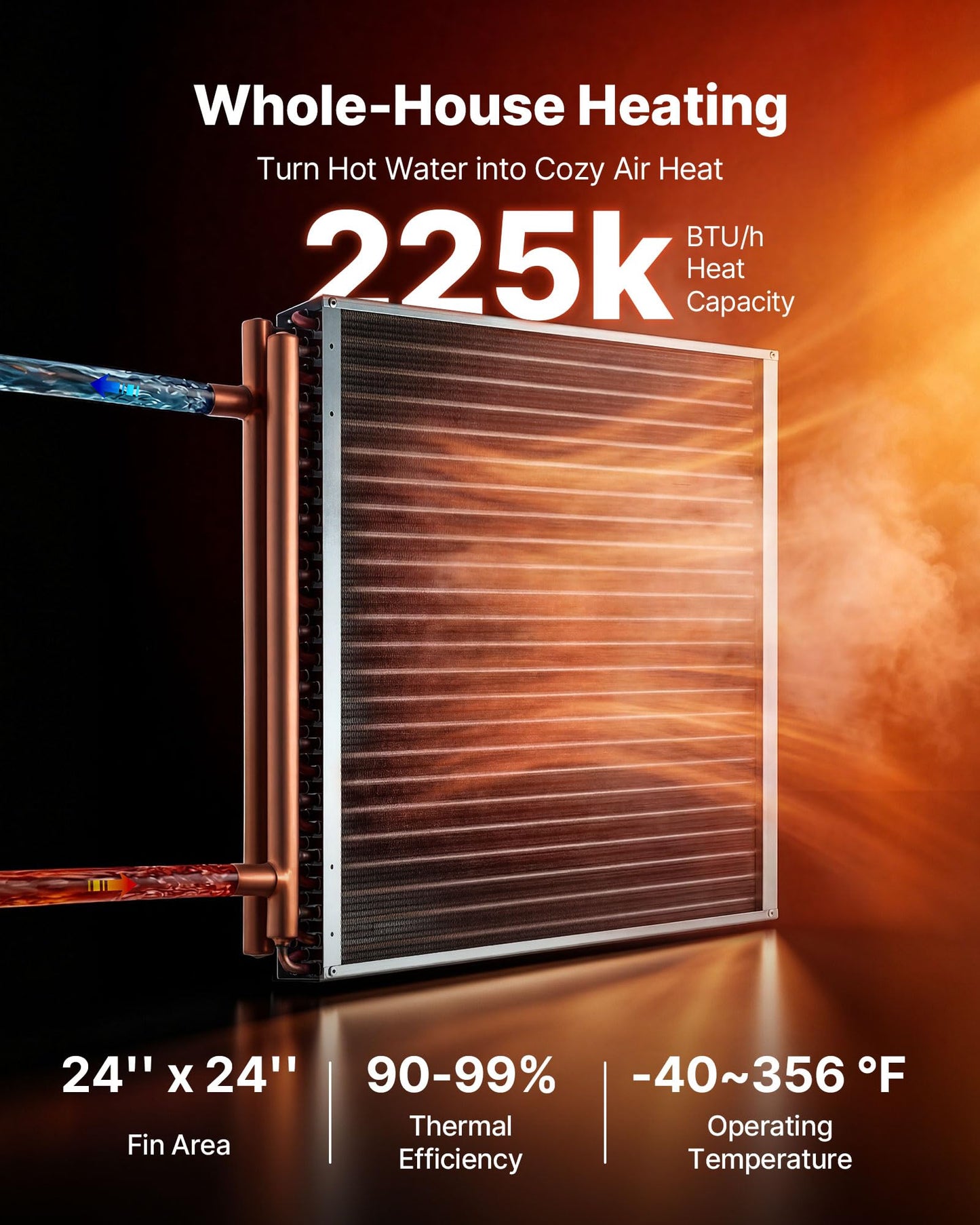 VEVOR Water to Air Heat Exchanger, 24 x 24 in Finned Tube HVAC Heat Exchanger Coil with Copper Tubes & Aluminum Fins, 225K BTU Output for Outdoor Wood Furnace, Hydronic Heating & Cooling Systems