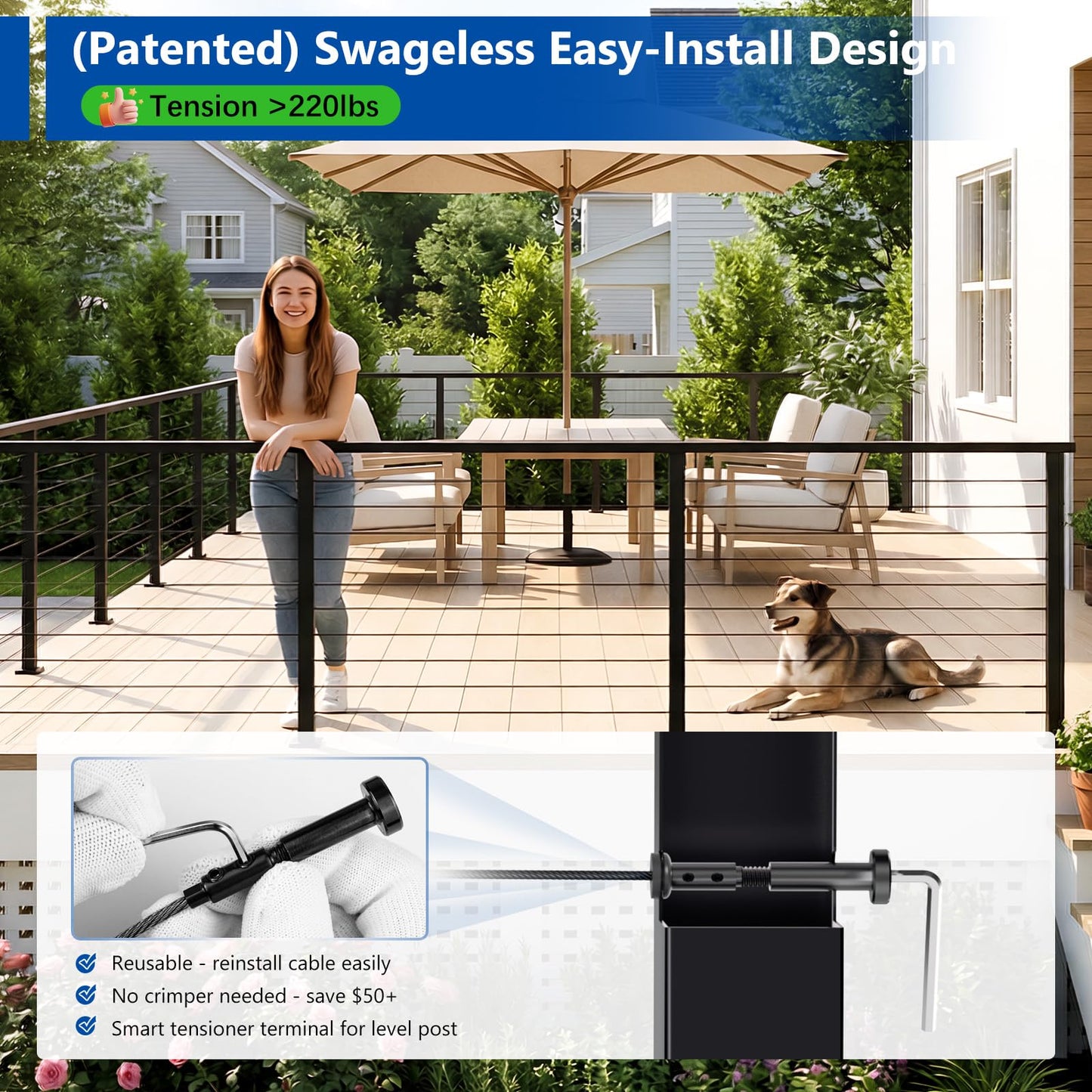 Zylorix Modular 12-24FT Swageless Cable Railing System Post Kit 36" with 4 Heavy-Duty T304 Stainless Steel Level Post, Patent Reusable Cable Railing Kit, Modular Outdoor Finish(No Handrail), Black