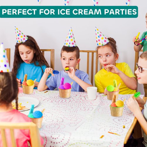 JoyServe Ice Cream Bowls and Spoons Set - (Pack of 6) Reusable Plastic Ice Cream Cups and Waffle Cone Shaped Spoons for Dessert, Frozen Yogurt, Gelato, Birthday Party Decorations
