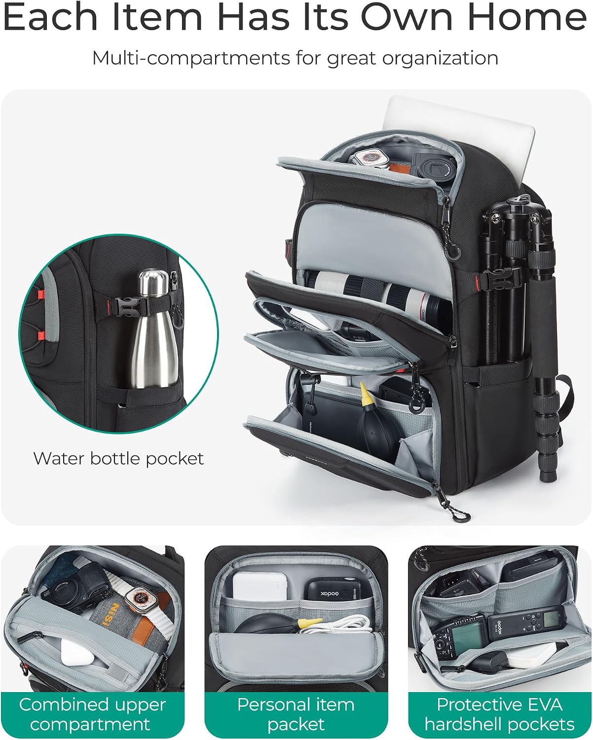 15.6" BAGSMART Camera Bag for Photographers, Professional Camera Bag Fits up to Laptop, DSLR/Drones/Tripod Camera Case