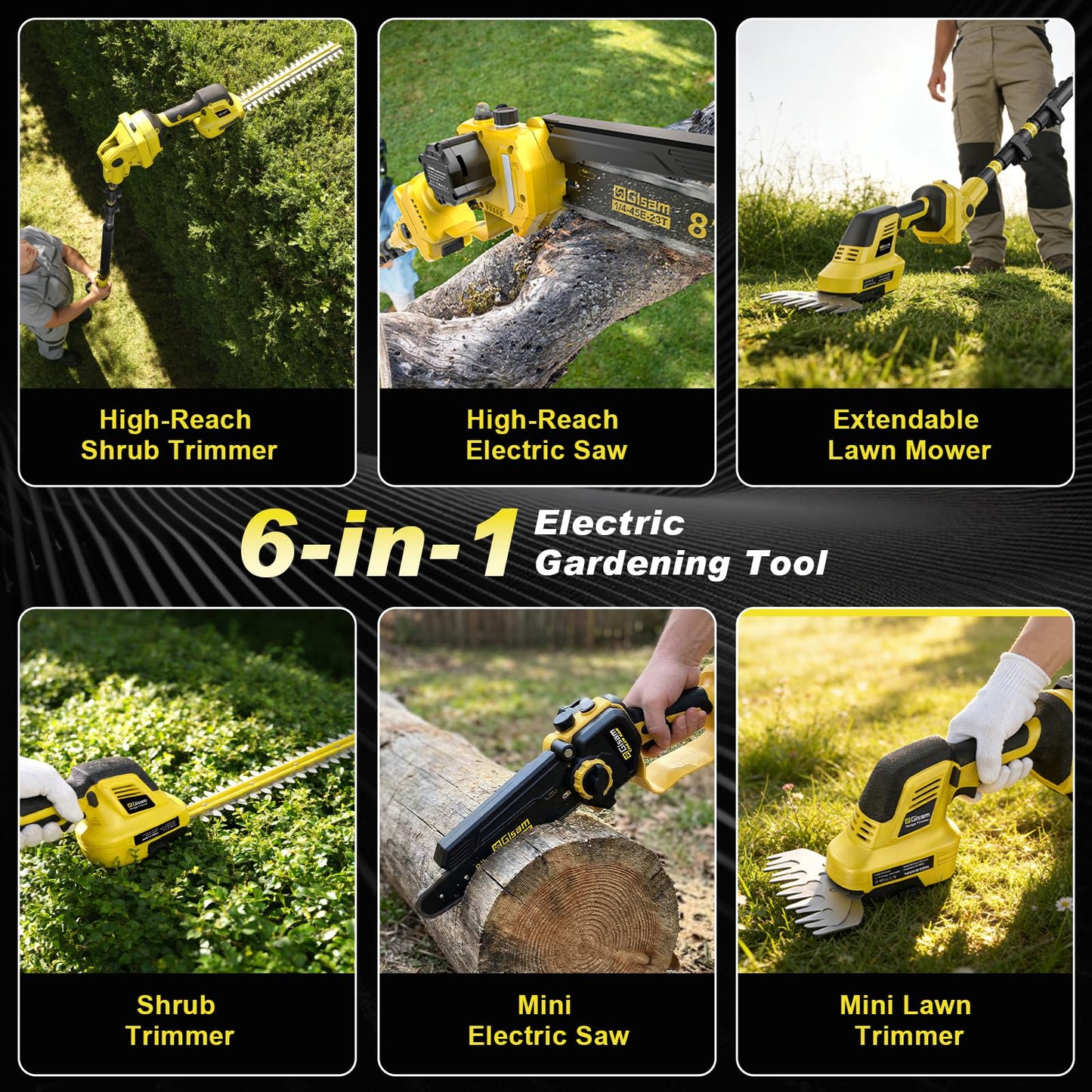 6-in-1 Cordless Pole Saw & Hedge Trimmer Combo & Grass Shear with Extension Pole Garden Tool with 2 * 4.0Ah Battery,180°Adjustable Angle,16Ft Reach,for Shrubs Pruning