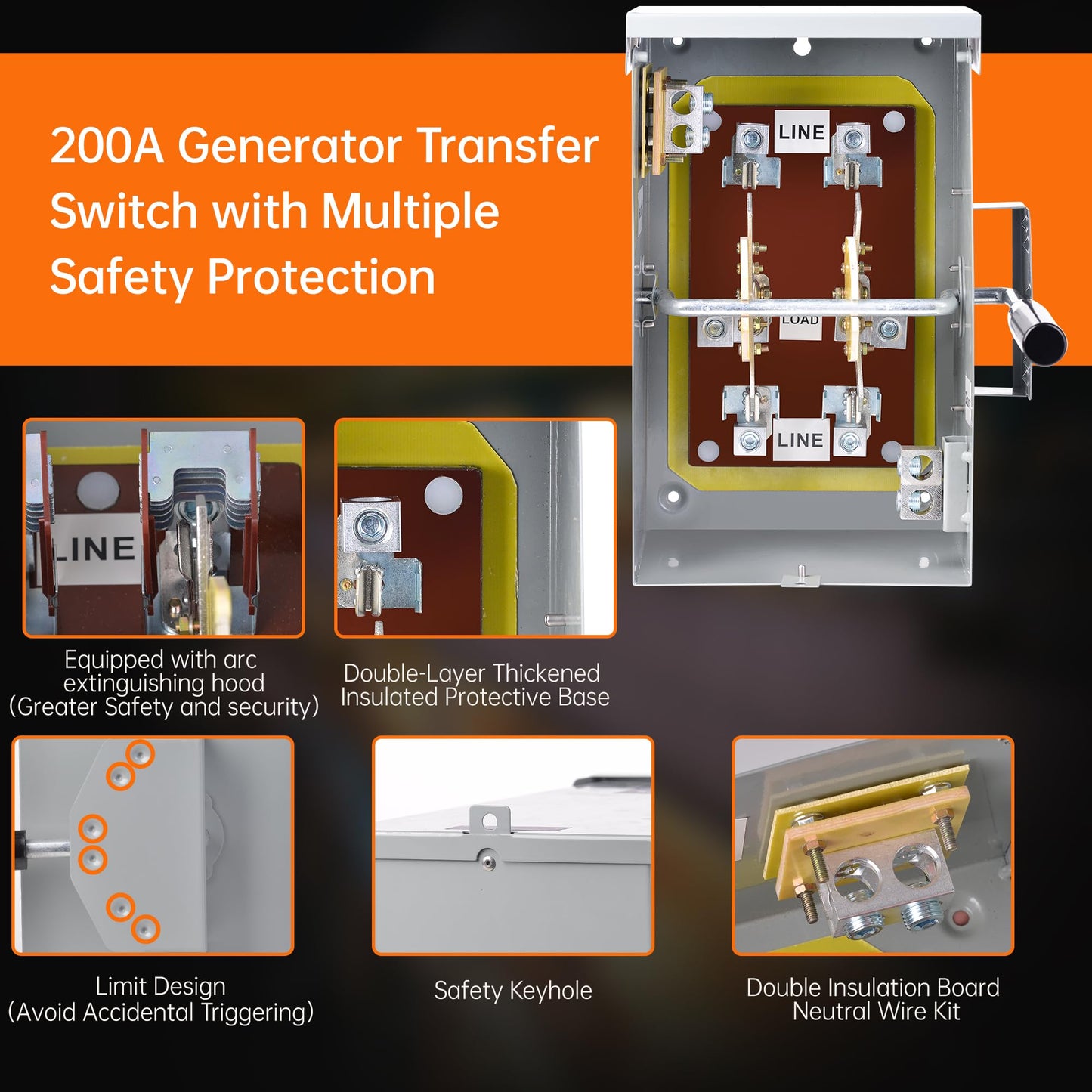 200 Amp Generator Transfer Switch,120/240V Manual Transfer Switch for Home Generator,2 Pole 48000W General-Duty Double-Throw Safety Switches,Stronger Stability,NEMA 3R Standards for Outdoor and Indoor