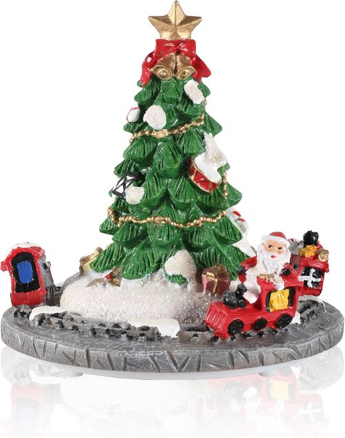 iStatue Rotating Musical Christmas Tree Figurine - 6” Tall Resin Holiday Decoration with Santa Train, Plays “Merry Christmas”