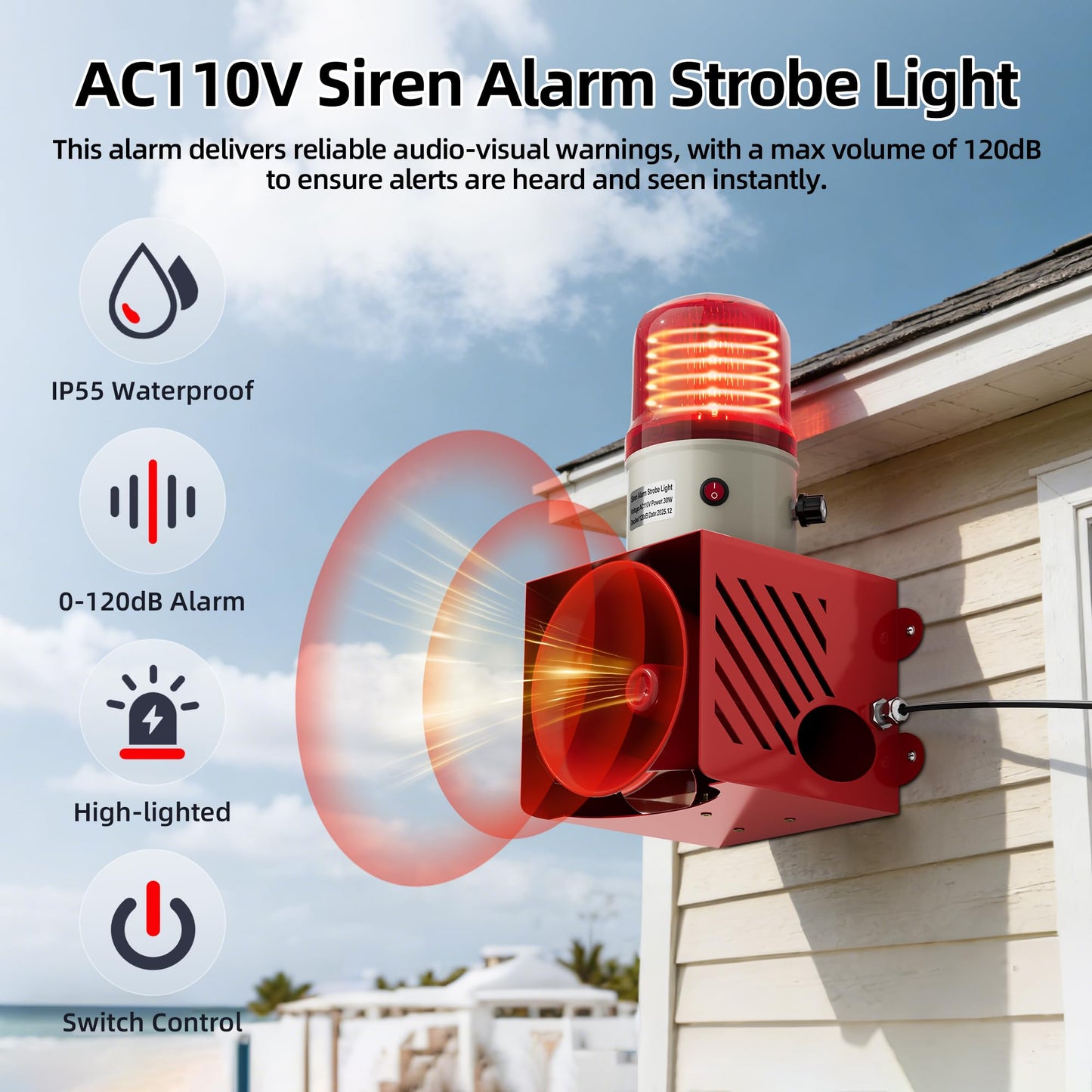 Joinfworld AC110V 120dB Siren Alarm Strobe Light Plug-in Manual Security Alarm Adjustable Volume Outdoor Waterproof Emergency Strobe Warning Light for Warehouse, Construction Site, Crane