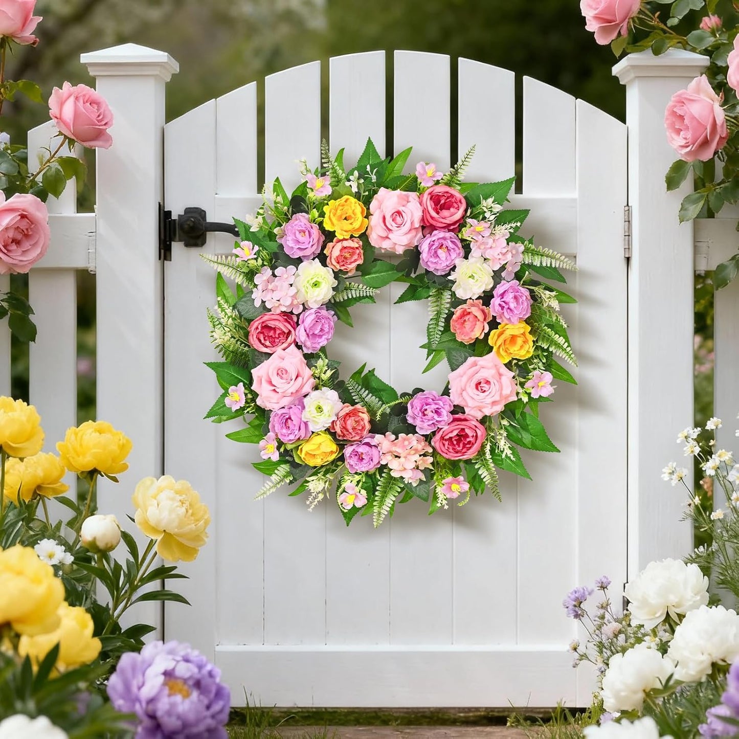 Yastouay 24-Inch Summer Wreath - Realistic Rose Peony Floral Decor for Front Door & Patio