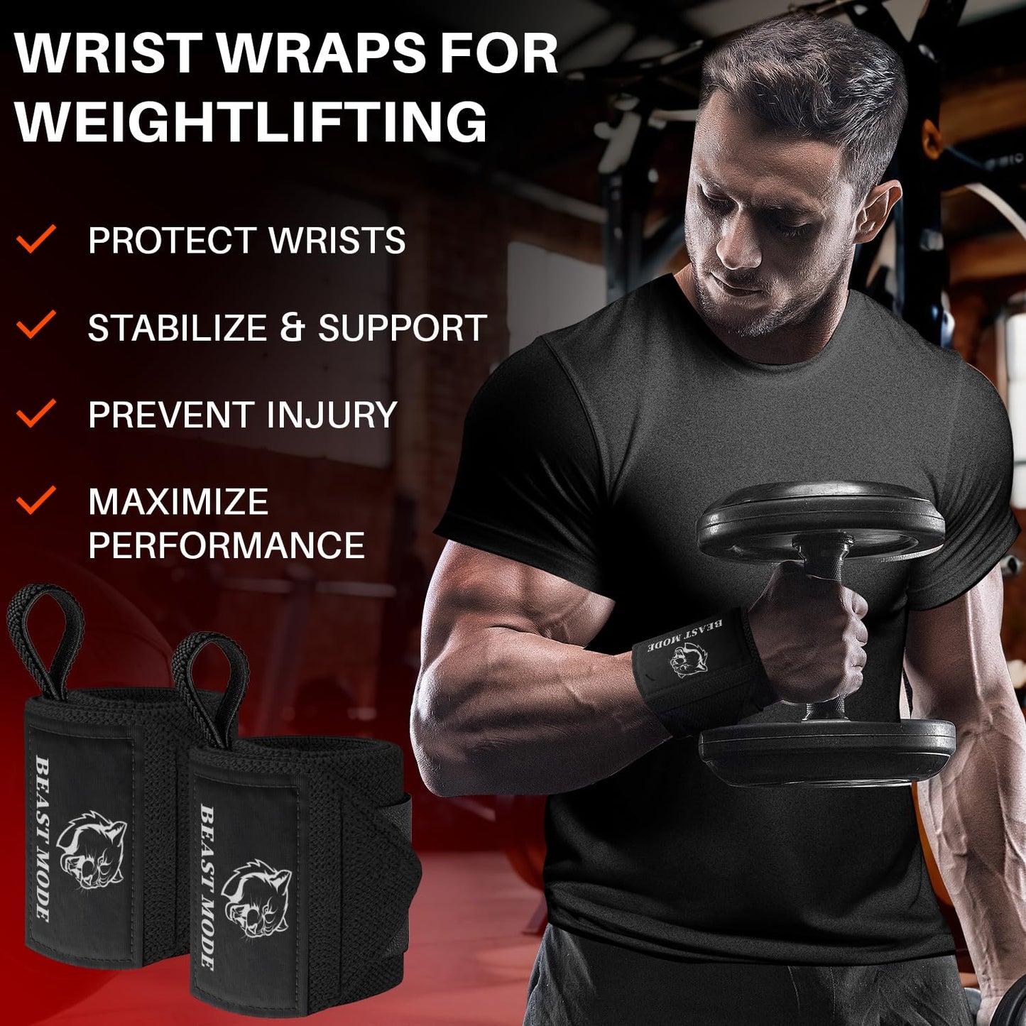 TECEUM Fit Weightlifting Wrist Wraps with Thumb Loop – Black – Beast Mode – 18 inch – Heavy-Duty Workout Wrist Support & Protection – Ideal for Powerlifting, Strength Training, Bodybuilding