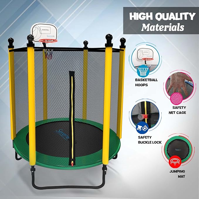 SereneLife 5FT Outdoor & Indoor Trampoline for Kids – Durable Mini Toddler Trampoline with Net Enclosure & Basketball Hoop - Supports 176 lbs, 60"x76"