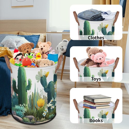FZDXZJJ Large Round Laundry Storage Basket - Cactus Bin with Handles, Collapsible box for Home, Office, Toy Organizer, Bedroom, Living Room, Home Decor (Cactus)