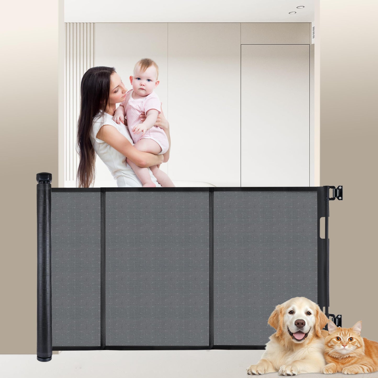 Colbabe 200 inches Extra Wide Retractable Baby Gate, 41.5 inches Tall Mesh Safety Gate for Oversized Openings, Living Rooms, Patios, Child & Pet Barrier for Indoor Outdoor Use, Black