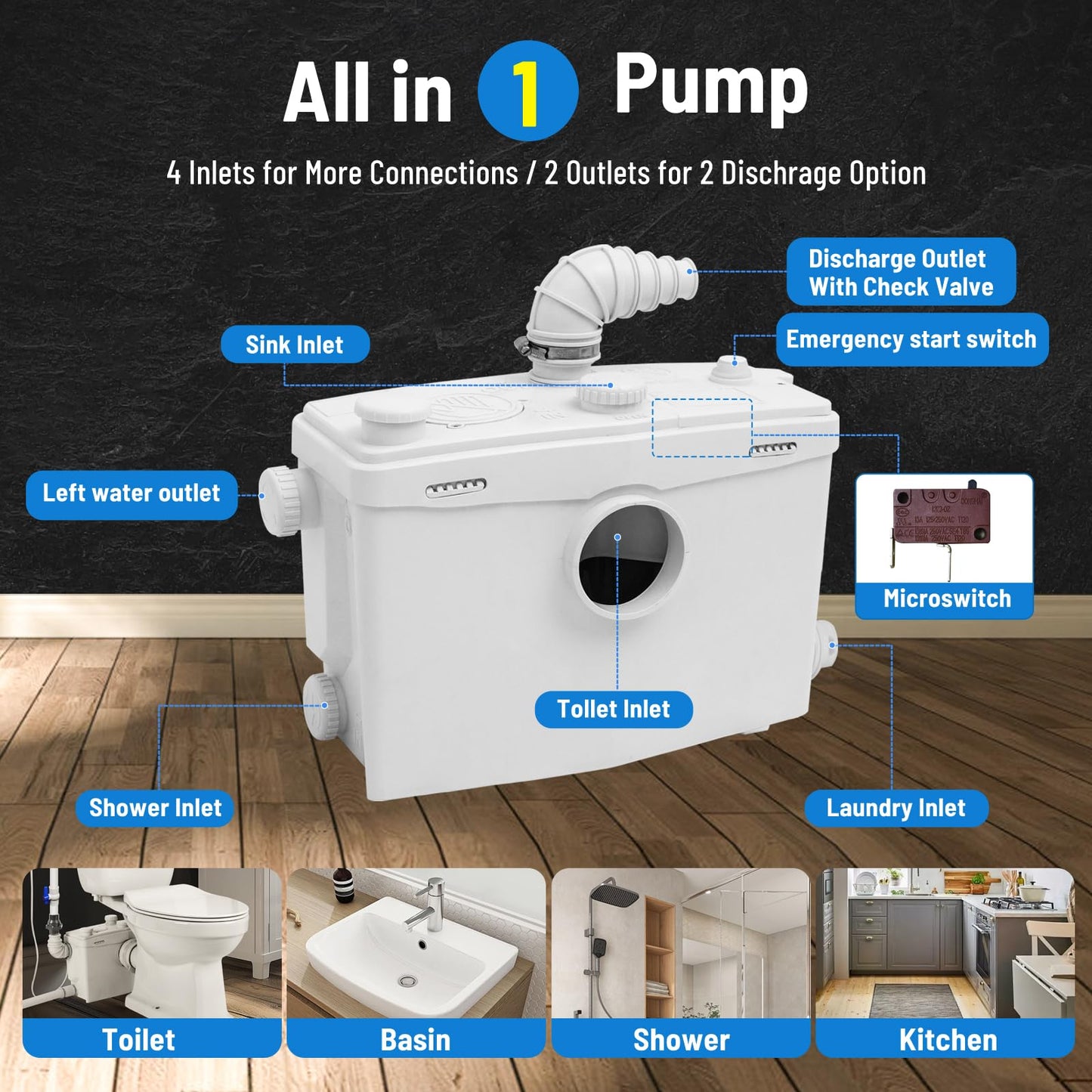800Watt Macerator Pump for Basement Upflush System, Macerating Toilet Pump with 4 Water Inlets & 2 Outlets for Kitchen/Sink/Basin/Toilet Waste Water Disposal, 36ft Vertical Pumping
