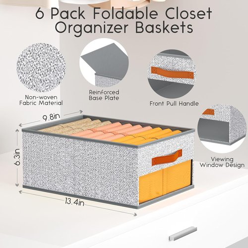 Homsorout Drawer Organizers - 6 Pack Foldable Pants Organizers with Clear Windows & Handles | Light Gray Fabric Storage for Clothes, Jeans, Sweaters & More
