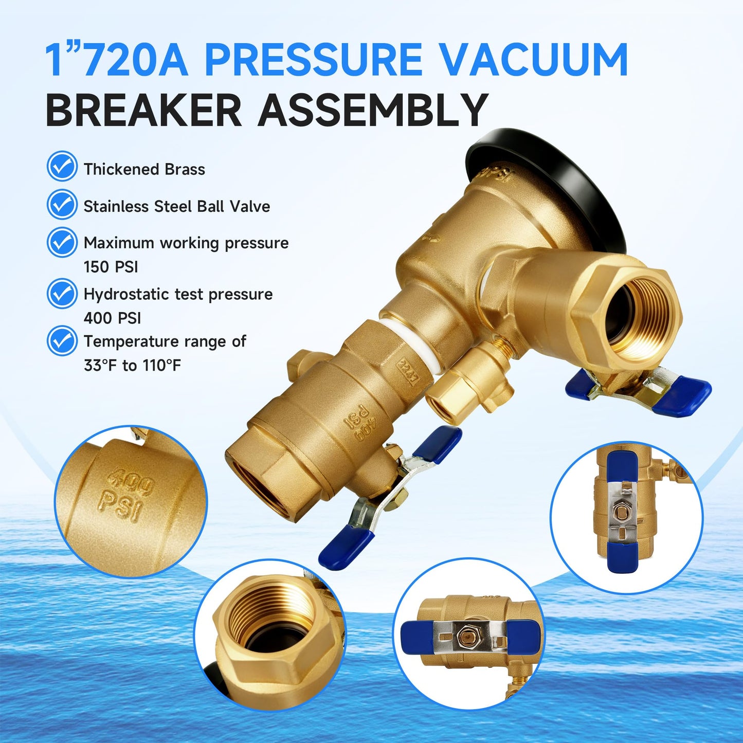 1”720A Pressure Vacuum Breaker Assembly, Replacement for Zurn Wilkins 1-720A (Non-OEM) Thickened Brass Backflow Preventer Valve, Max 400 PSI, for Irrigation Systems and Commercial Water Supply Systems