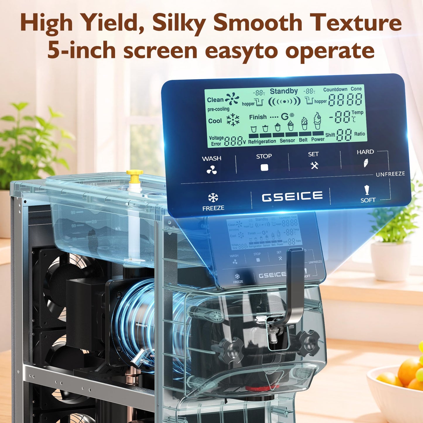 Soft Serve Ice Cream Machine – 3.5 Gal/H Single Flavor Ice Cream Maker with 5" HD Display, Pre-Cooling Function & 1.6 Gal Hopper, Ideal for Cafés, Restaurants, Bakeries and Commercial Use