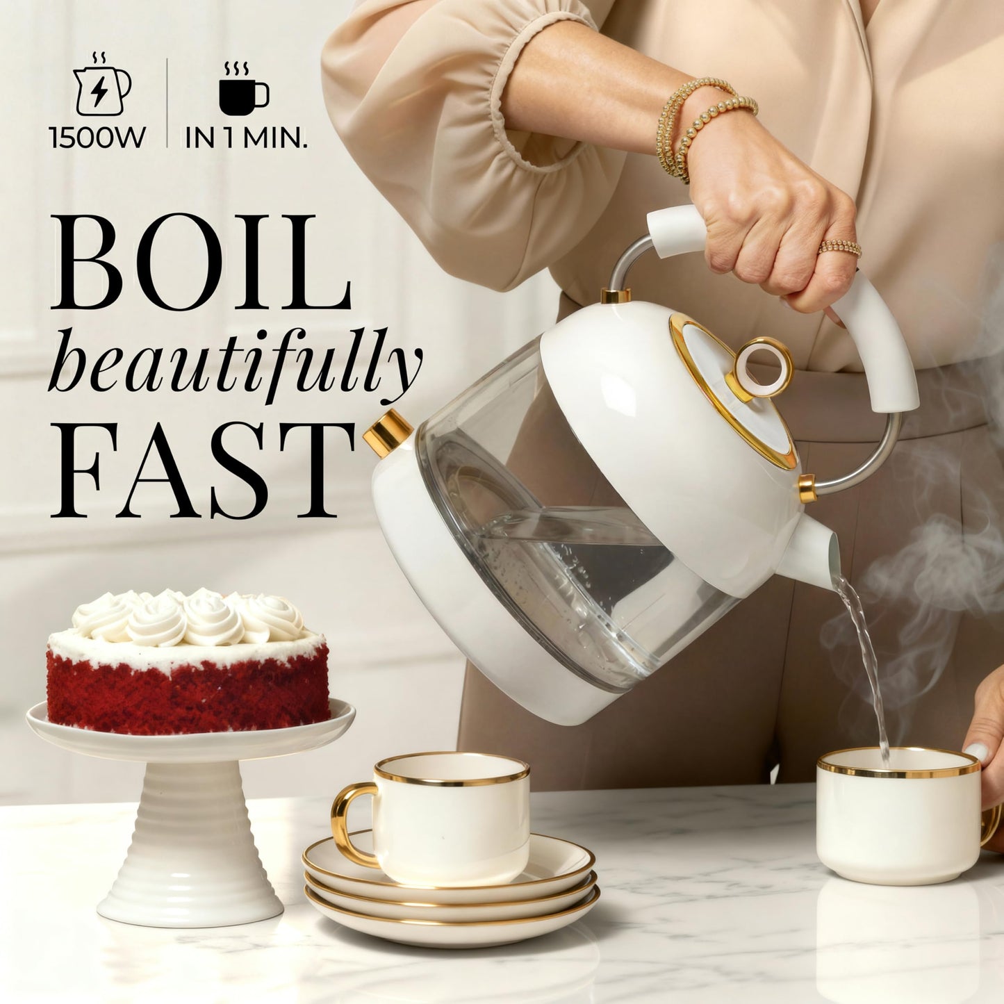White Electric Tea Kettle with Temperature Control - 1500W Fast Hot Water Boiler and Warmer - White and Gold Electric Kettle with Keep Warm Function, BPA-Free Glass Body, Stylish Design, Auto Shut-Off