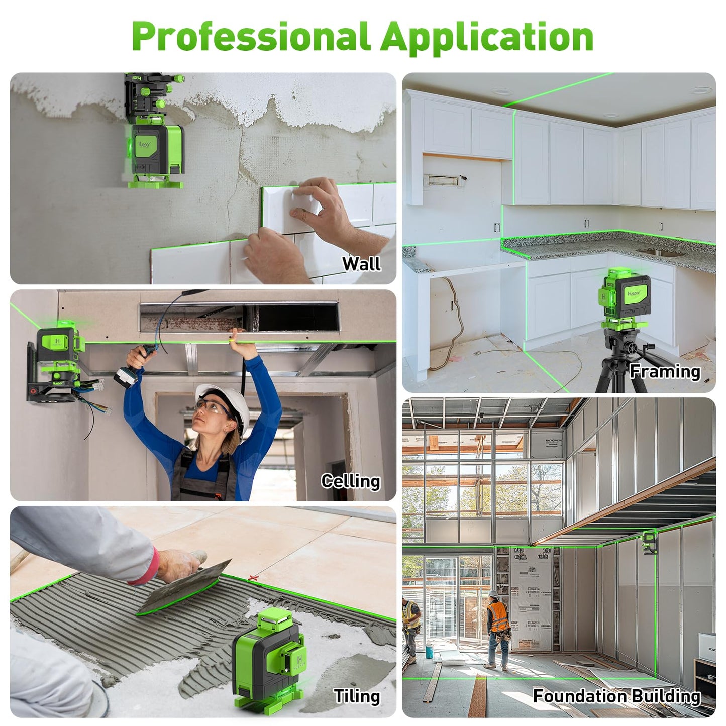 Huepar Laser Level 4x360 Self Leveling with 60" Tall Tripod, 4D Green Cross Line Lazer Leveler Tool with Outdoor Pulse Mode, 16 Lines Great for Tiling, Ceiling, Wall Work & DIY Home Renovation
