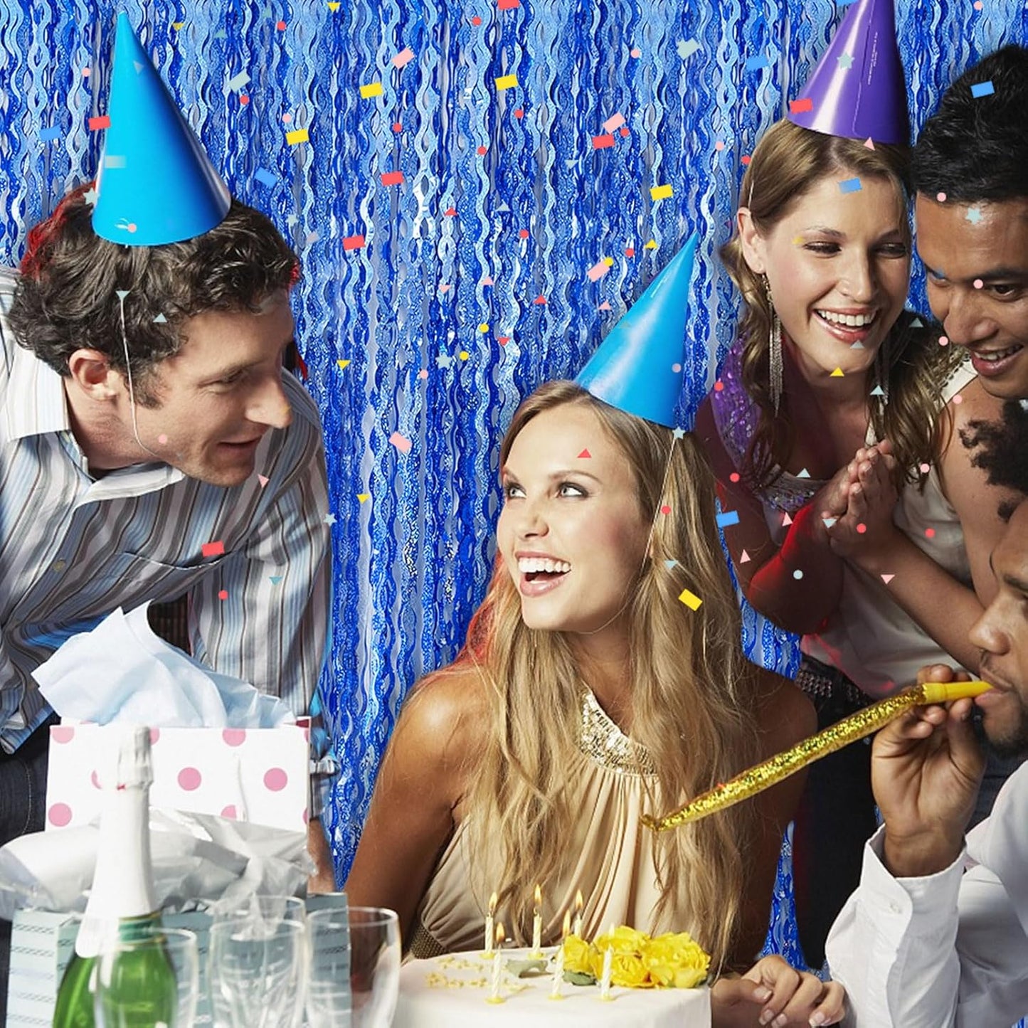 Skiennix Blue Tinsel Foil Fringe Curtains - Sparkling Wavy Backdrop for Parties & Photo Booths