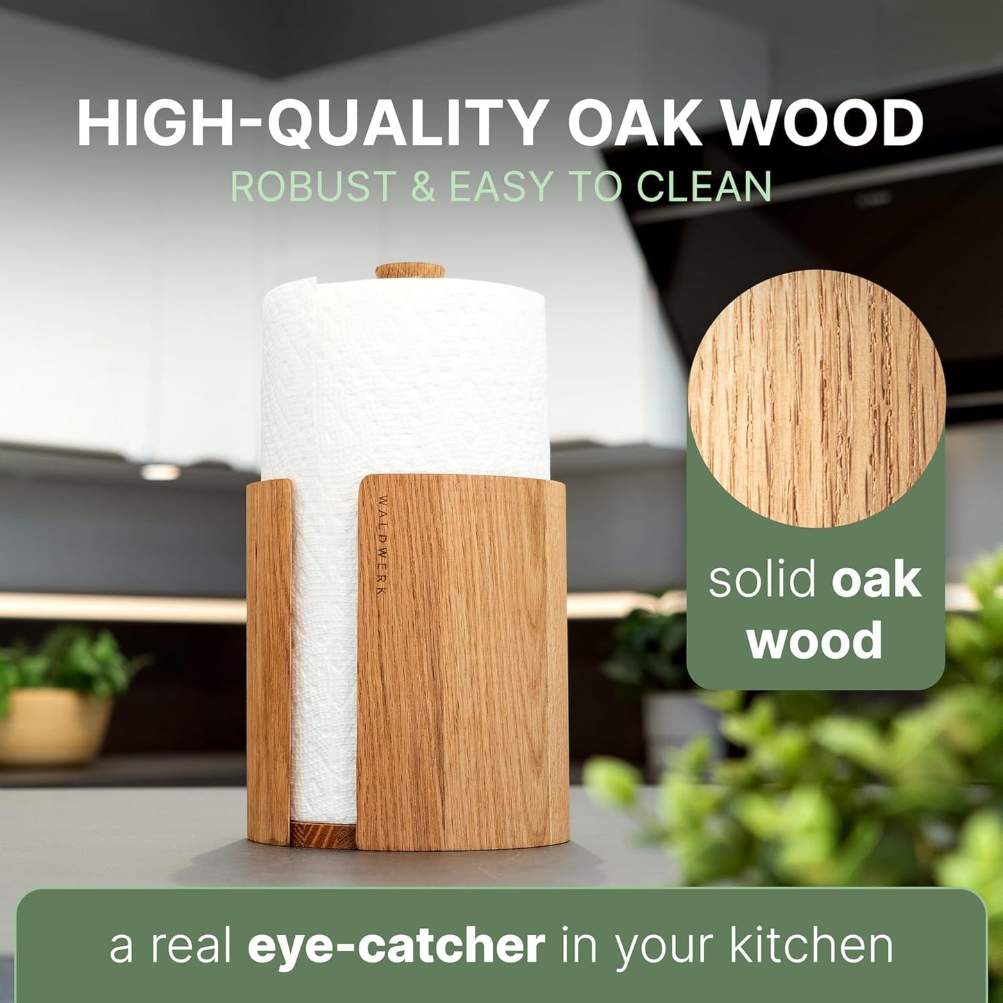 WALDWERK Oak Wood Paper Towel Holder - Stylish Kitchen Towel Stand for Standard Rolls | Countertop Design