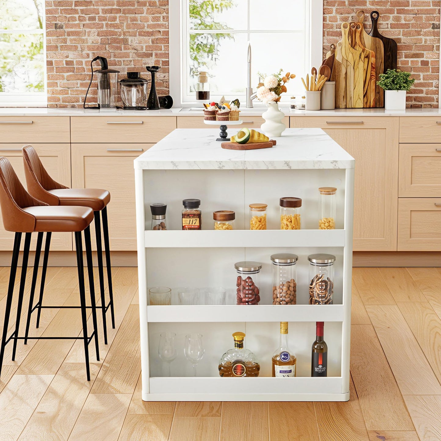 59" Kitchen Island with Storage & Seating for 2, Modern Stationary Kitchen Island with Faux Marble Top, 2 Drawers, Open Shelves & 5 Hooks, Counter Height Prep Table for Dining & Kitchen (White)