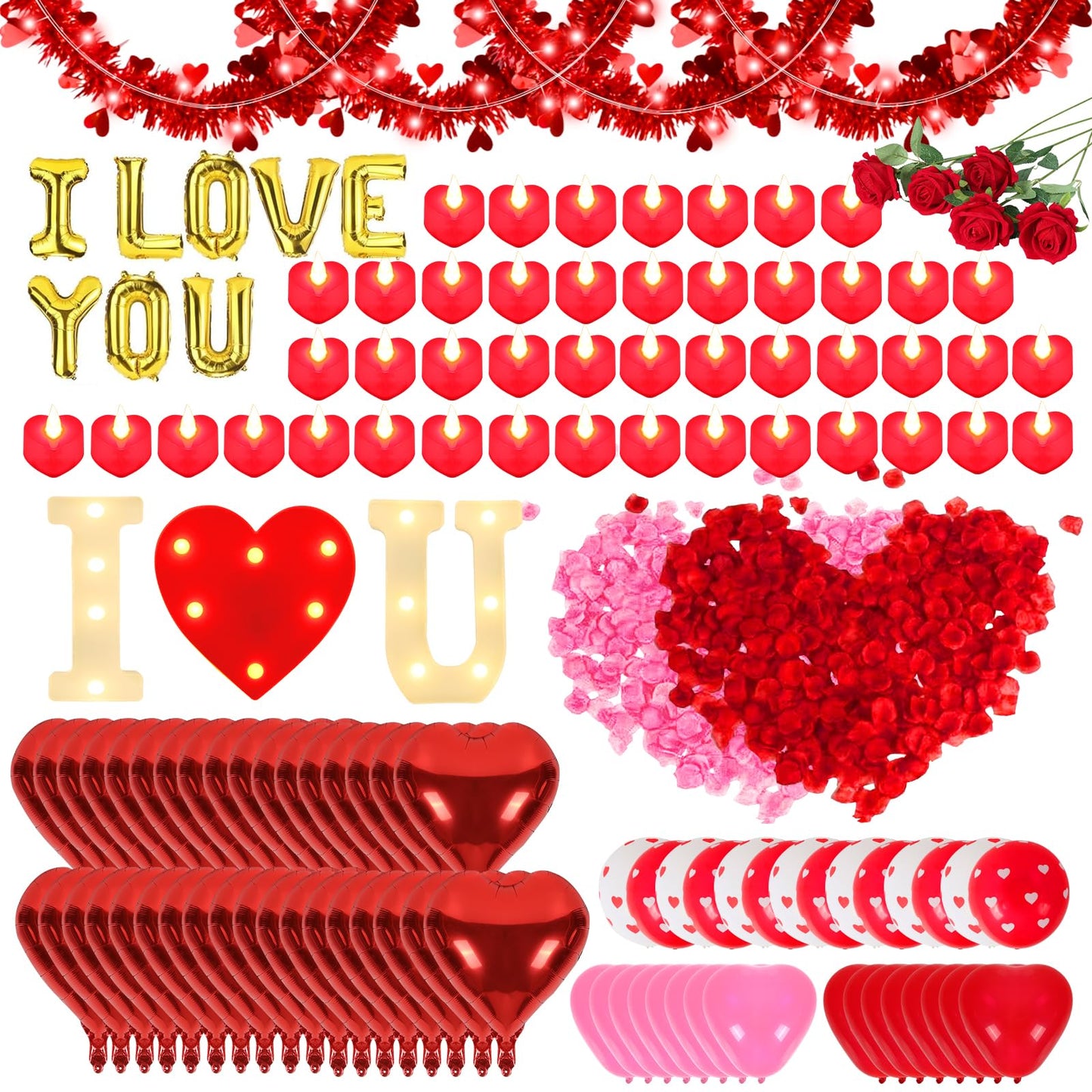 Ultimate Valentines Day Romantic Decorations Special Night for Bedroom with 33FT Lights,5000 Rose Petals and Candle Set for Hotel Room Home Decor,Valentine Anniversary I Love You Balloon&Letter Sign