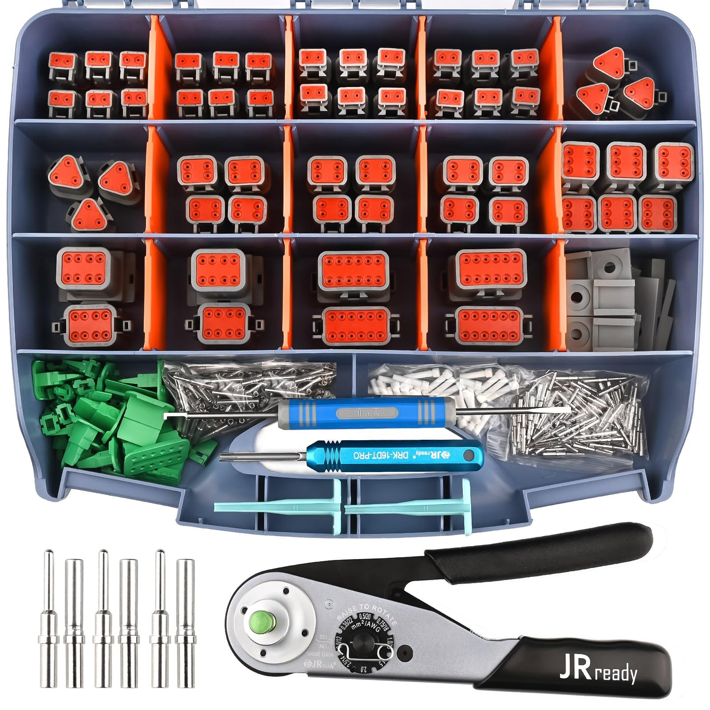 JRready DW5010 Deutsch Connector Kit, 2 3 4 6 8 12 Pin IP68 Waterproof DT Connectors Kit with ACT-M202 Adjustable Deutsch Crimp Tool for 12-22AWG, Size 16 Solid Contact Pins 16-20AWG