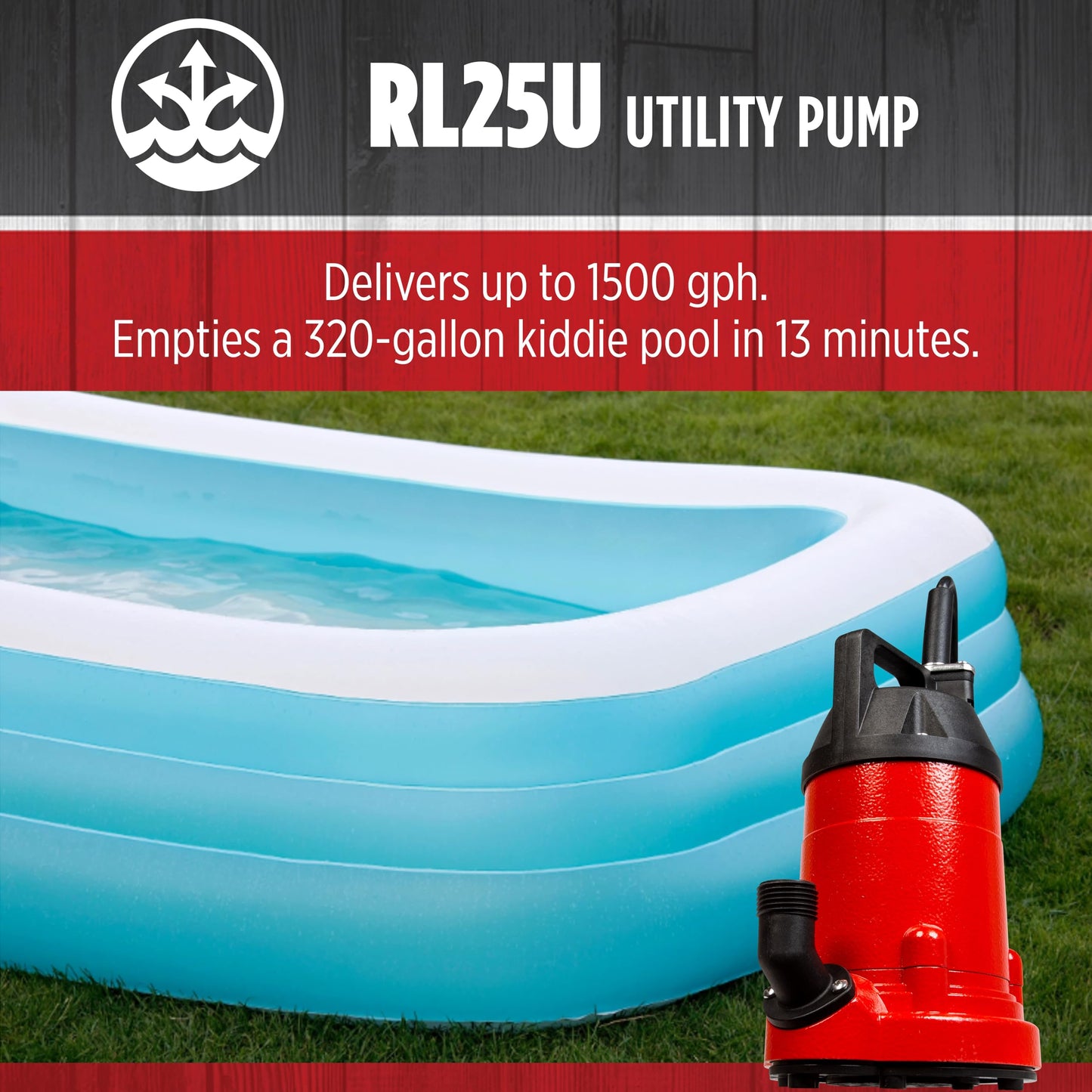 Red Lion RL25U 115 Volt, 1/4 HP, 1500 GPH Manual Aluminum Utility Pump with 10-ft. Cord, Red, 14942730